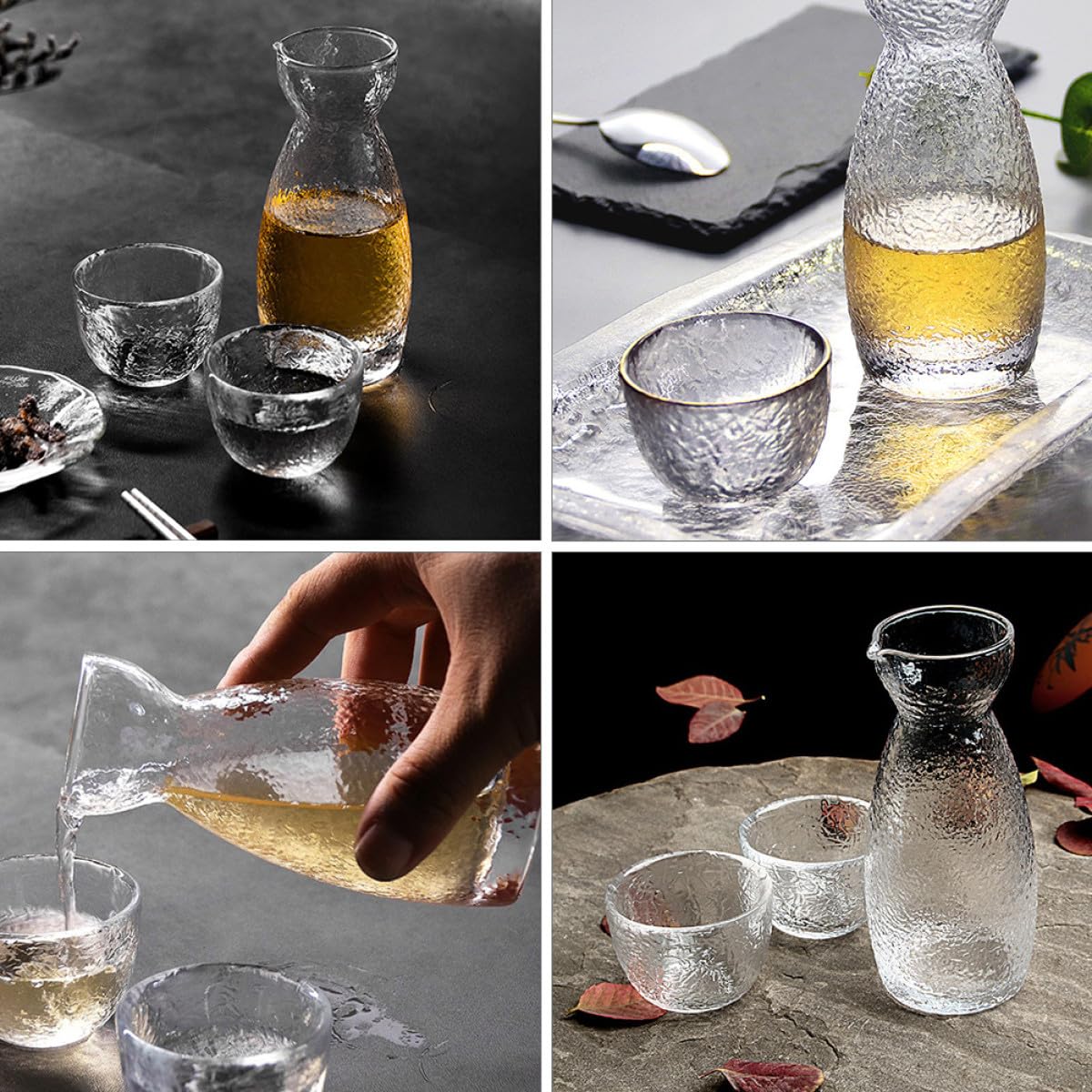 Set de Tasse à Saké Japonerie Créatif en Verre Carafe à Motif Martelé pour Dégustation Lors D'occasions Spéciales Famille