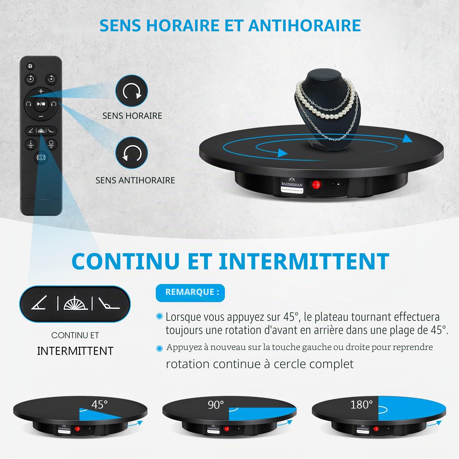 BAOSHISHAN Présentoir Rotatif électrique télécommande Affichage Plateau tournant Affichage Plateau tournant Photographie Produit Affichage 100KG 42cm Noir 220V