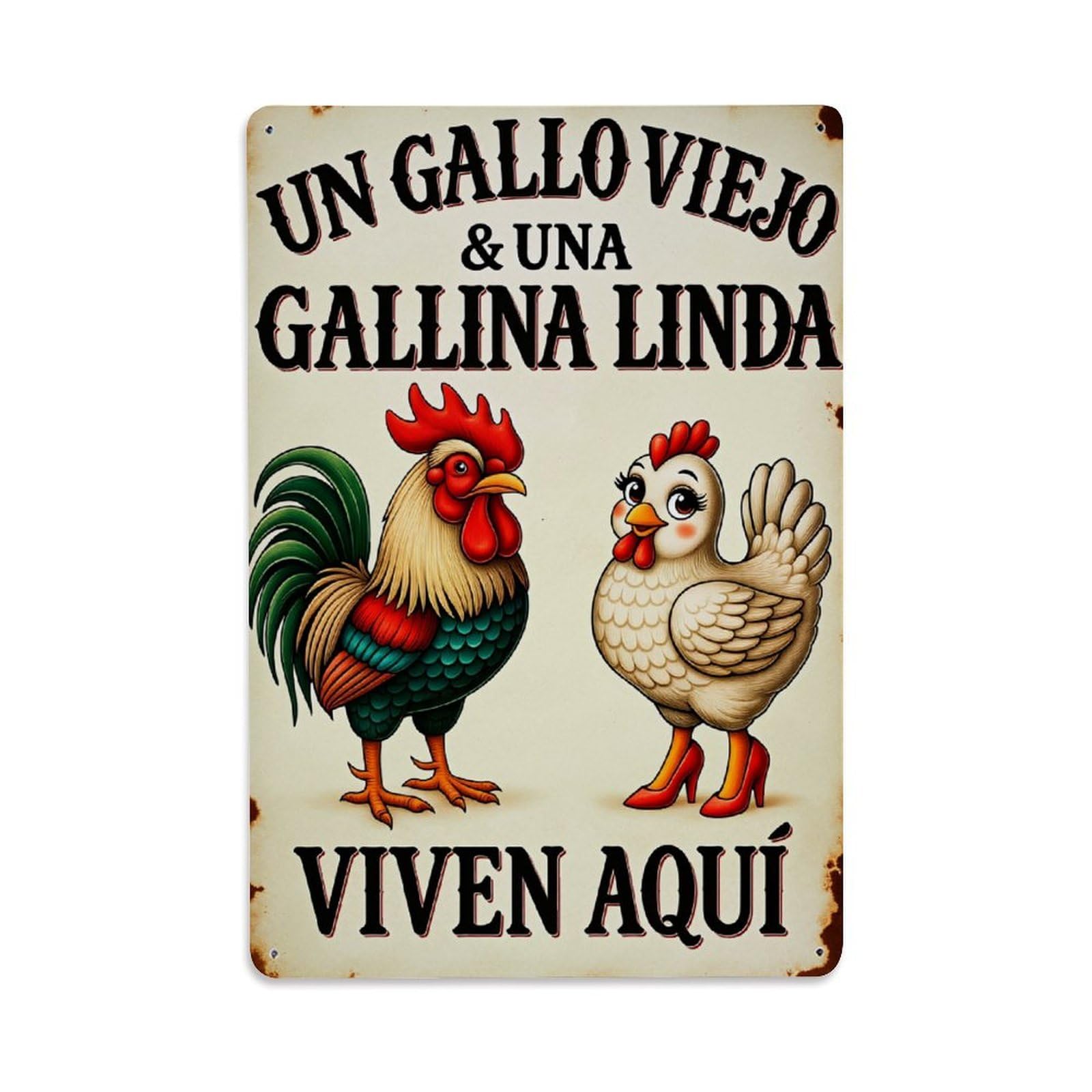 Enderetf Vintage Rooster And Hen Living Here Tin Sign Metal Poster, Home Bar Garage Man Cave Cafe Indoor & Outdoor Wall Decoration 8X12inches
