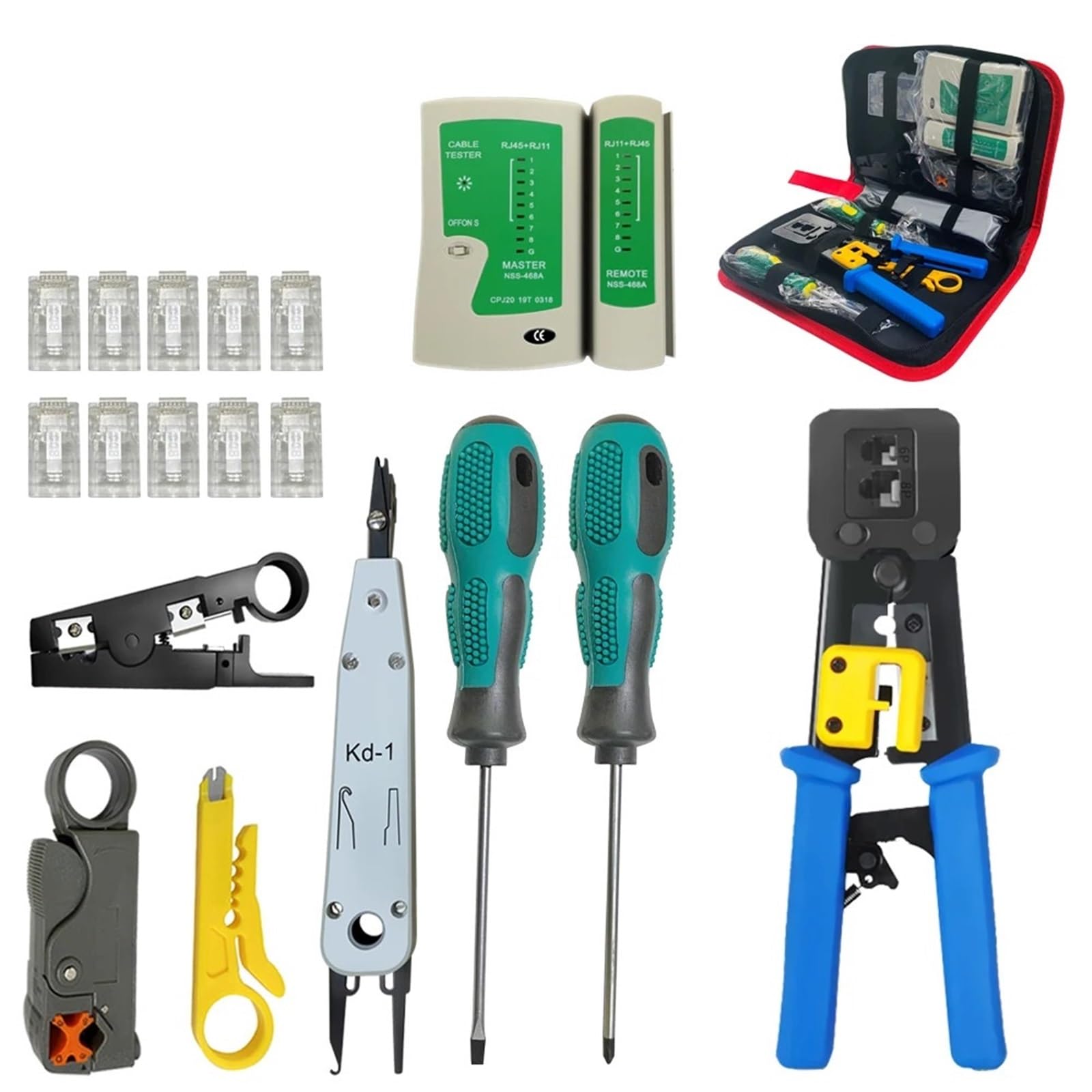 Pinza for crimpare spelatrice Pinza for morsetto for cavo di rete + Tester for cavi di rete professionale RJ45 RJ11 RJ12 CAT5 UTP LAN Set di utensili manuali | Stripping Crimping Pliers Network Cable Clamp Pliers+Professional Network Cable Tester RJ45 RJ1