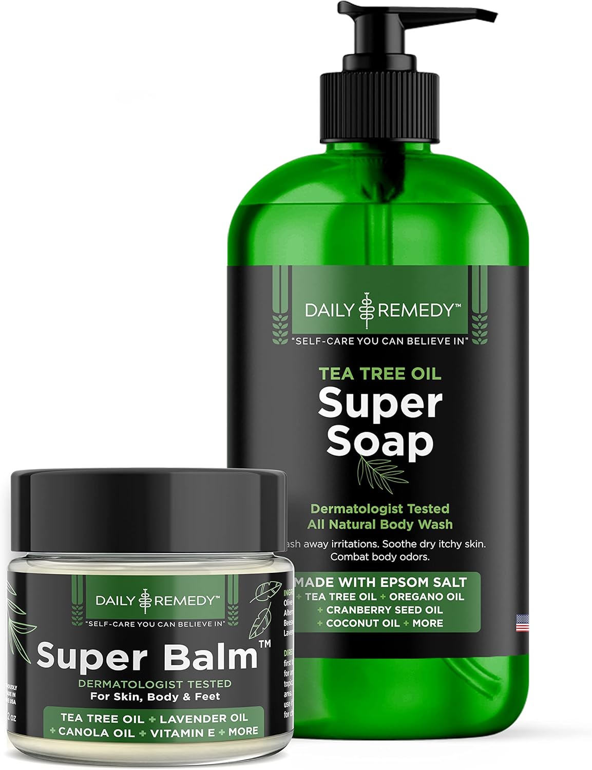 Daily Remedy Tea Tree Oil Body Wash and Tea Tree Oil Super Balm Set - for Athletes Itchy Feet, Jock Itch, Irritated Skin, Cuts, Rashes, Body and Foot Odor : Health & Household
