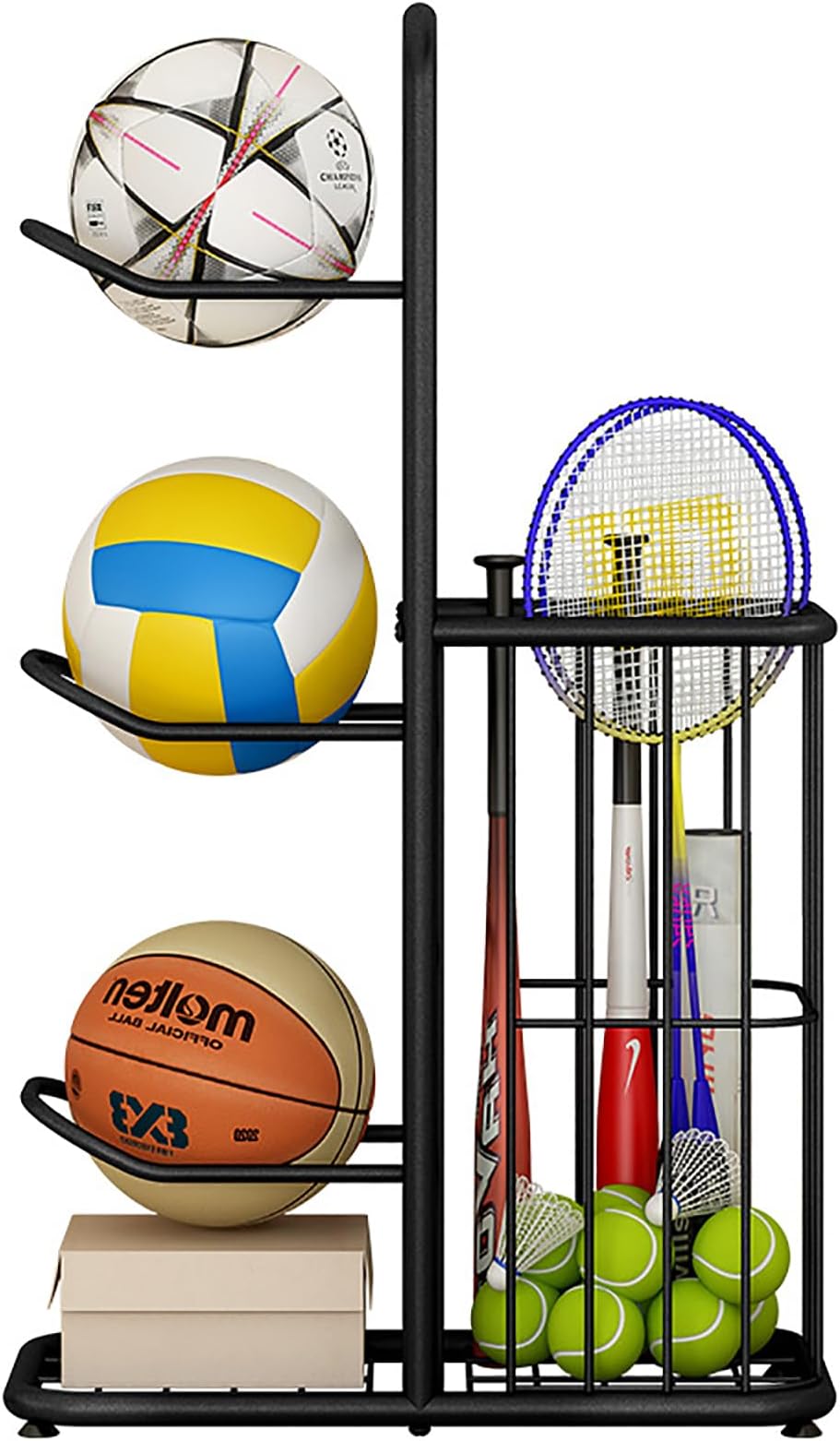 Ball Storage Football Rack,Stable Sports Equipment Storage Organizer, Garage Ball Holder for Volleyball Football Badminton,Black