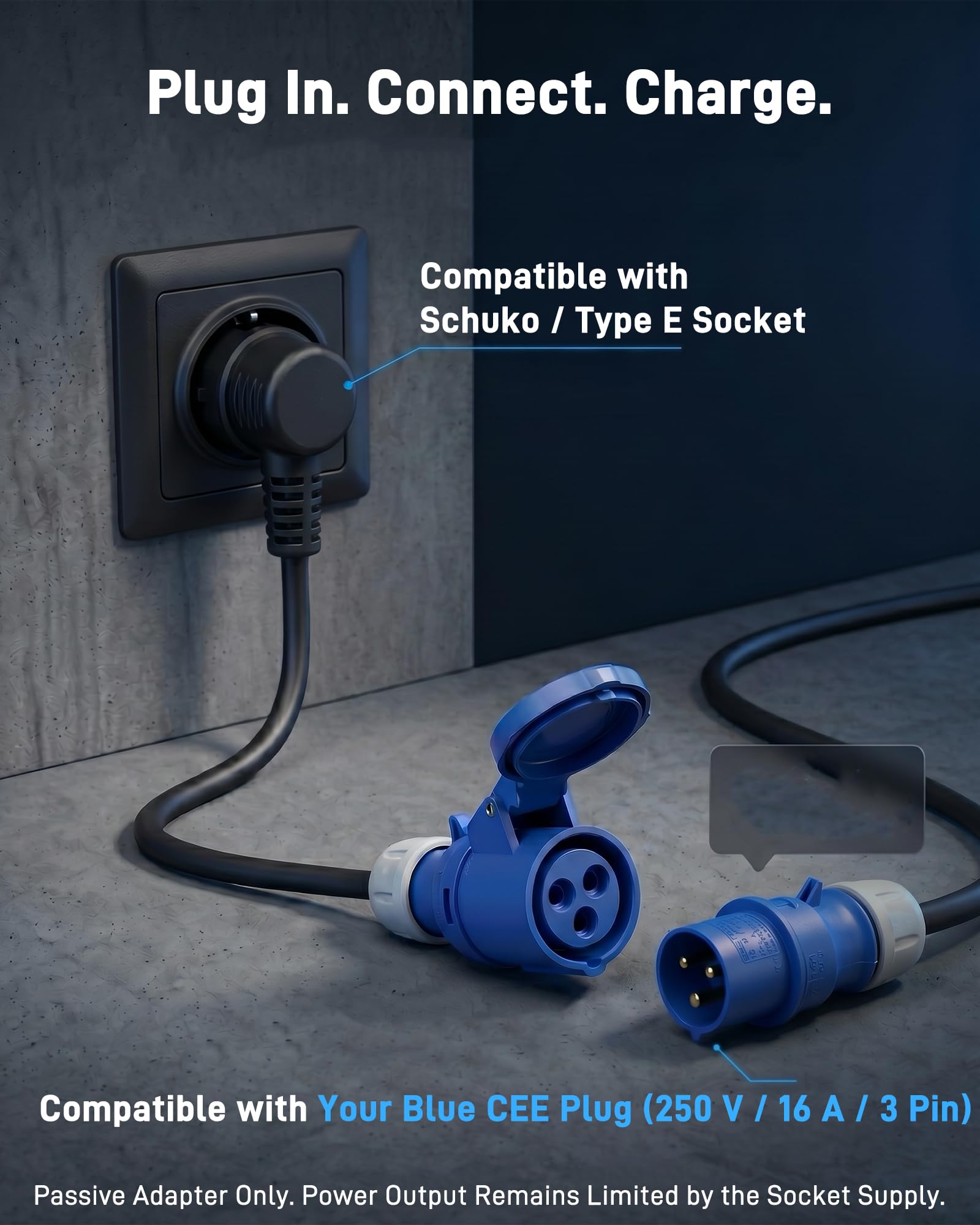 Adaptateur CEE (Fiche Schuko Mâle vers Prise Femelle CEE P17 Bleue 16 A, 3 Pôles) | Câble Adaptateur 3G2,5 mm², 0,5 m / 230 V/Max. 16 A | pour Chargeur VE Réglable, Camping et Caravane