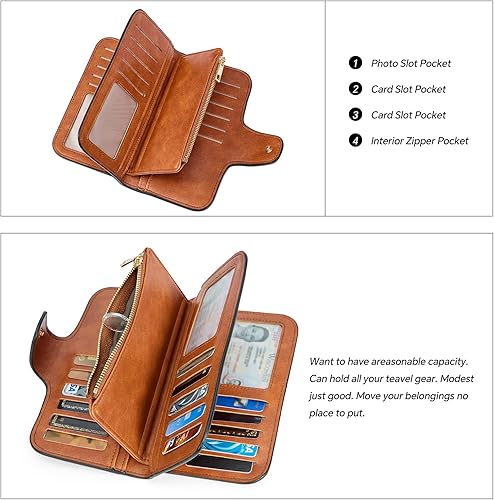 Miniatura 4 de Cartera para mujer, de piel, plegable, larga, con tarjetero, organizador para damas, encerada con aceite, de dos tonos color amarillo