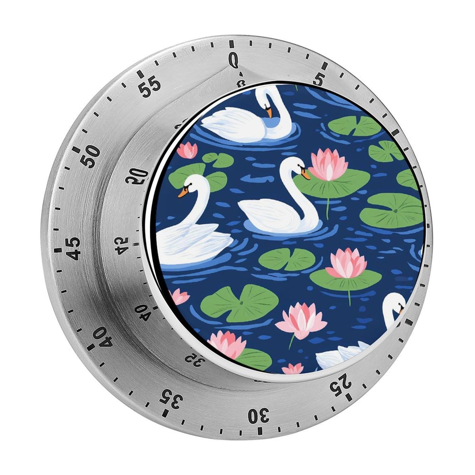 Swans Water Lilies in Pond Mechanical Timer with Alarm for Kitchen Cooking Productivity Stainless Steel Timers