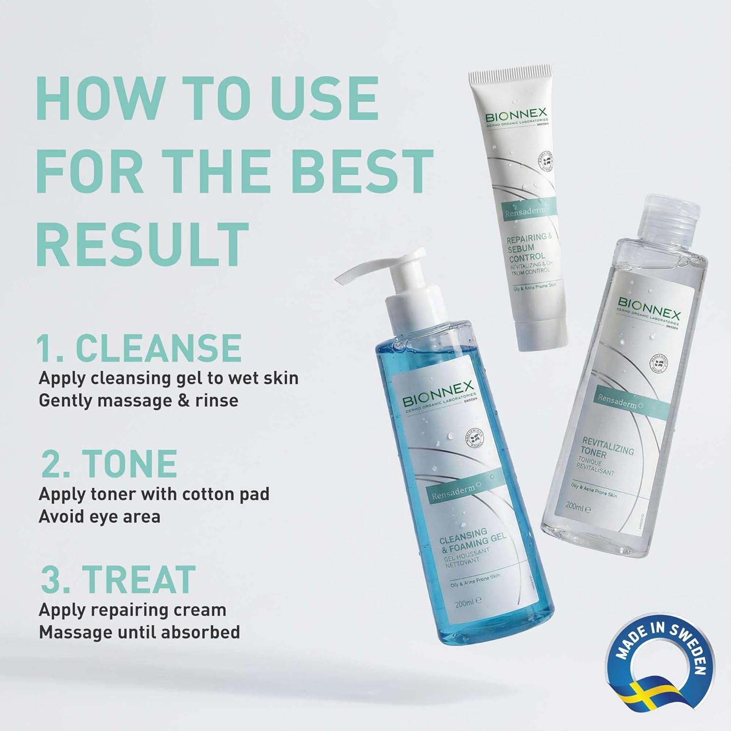 Bionnex Complete Acne Treatment Routine, 3 Step Daily Routine with Foaming Cleanser, Revitalizing Toner & Sebum Control Cream, Dermatologocally & Clinically Tested, 2 Month Supply