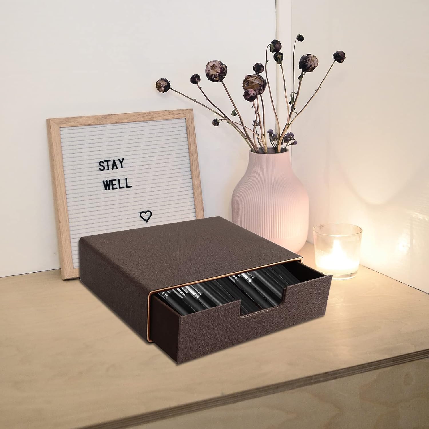 PU Leather Stackable Organizer Drawer,Executive Office Supplies Desktop Filing A4 File Cabinet/Holder for Jewelry/Bill/Paper/Documents/Makeup Home Decor Stationery Storage Box,Coffee