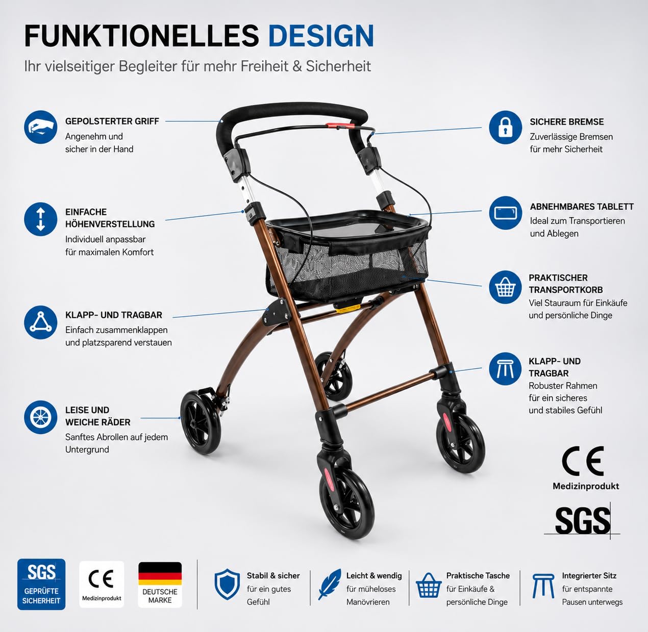 Casa Soft Braun Rollator schmal für Wohnung & Innenbereich, faltbar & leicht, 5 kg I höhenverstellbarer Wohnungsrollator von Lösch Reha I zuverlässige Gehhilfe für Senioren