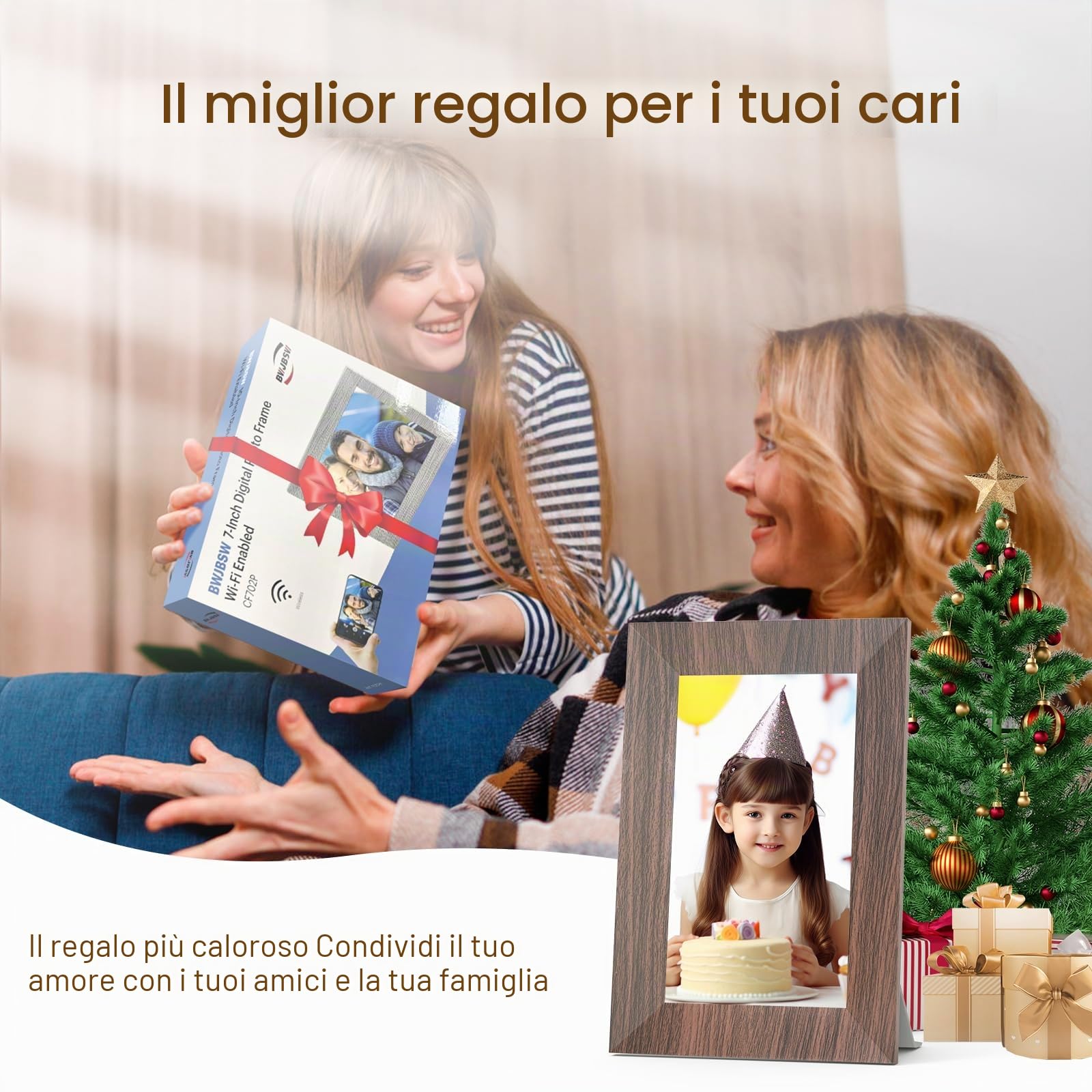 Cornice Digitale 7 Pollici, WiFi IPS Touchscreen Cornice Elettronica, Memoria Integrata da 32GB, BWJBSW Cornice Foto Digitale per Condividere Immagini, Video e Musica, Supporta Sveglia, Auto-Rotazione