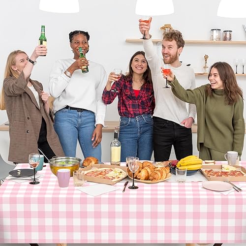 Miniatura 7 de 3 manteles desechables de plástico a cuadros para fiestas, impermeables, rectangulares, color rosa y blanco, para campamento, cumpleaños, fiestas,