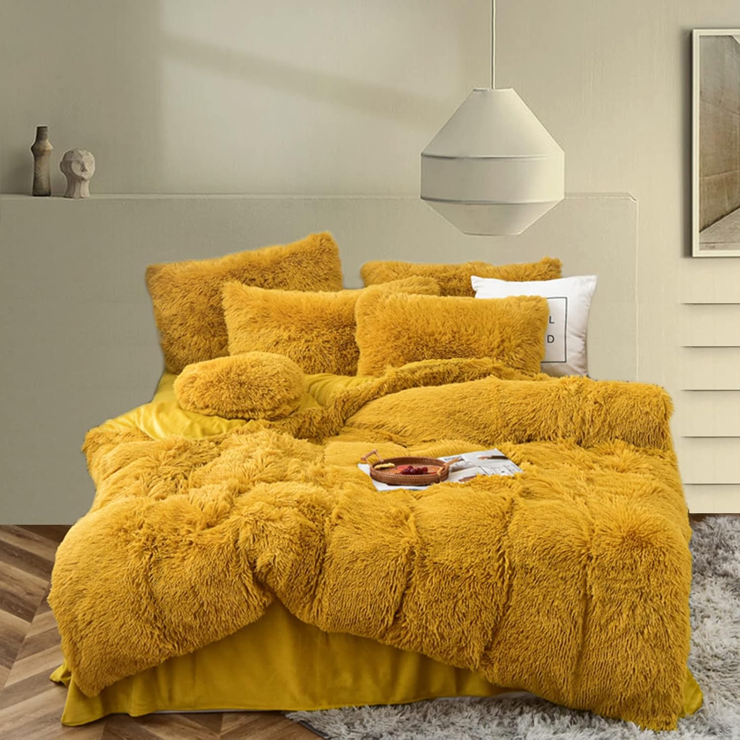 MorroMorn Fluffy Comforter Duvet Cover Set, 5 Pcs Bedding Sets Faux Fur Plush Velvet