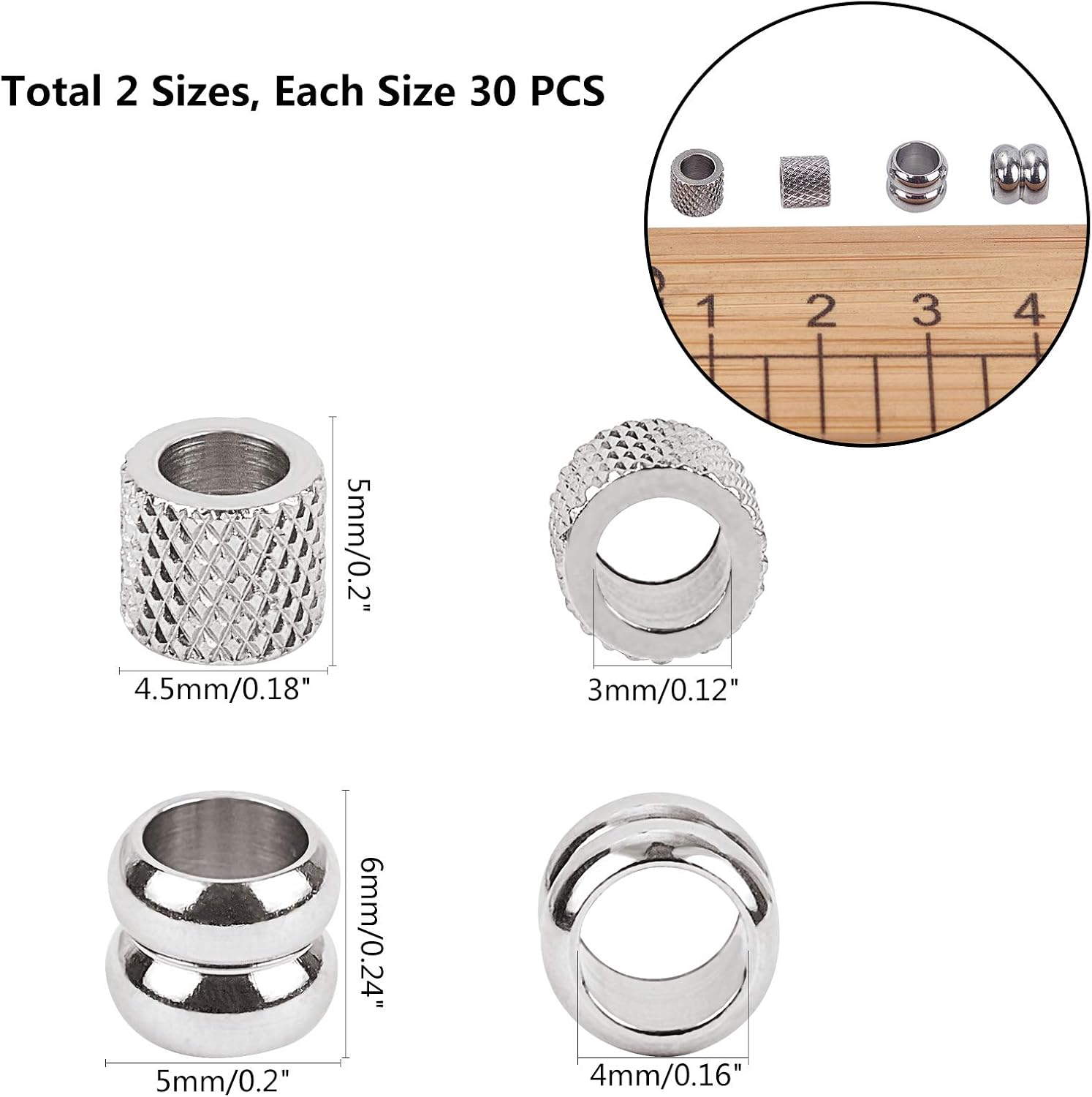 UNICRAFTALE About 60pcs Column Spacer Beads Stainless Steel Large Hole Spacer Beads Smooth Parachute Cord Bead for DIY Bracelet Necklace Jewelry Making Hole 3~4mm - Image 4