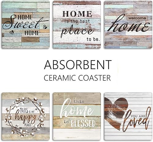 Miniatura 4 de Britimes Juego de 6 posavasos para bebidas, tapete cuadrado absorbente de madera desgastada, con base de corcho y soporte de metal, regalo para