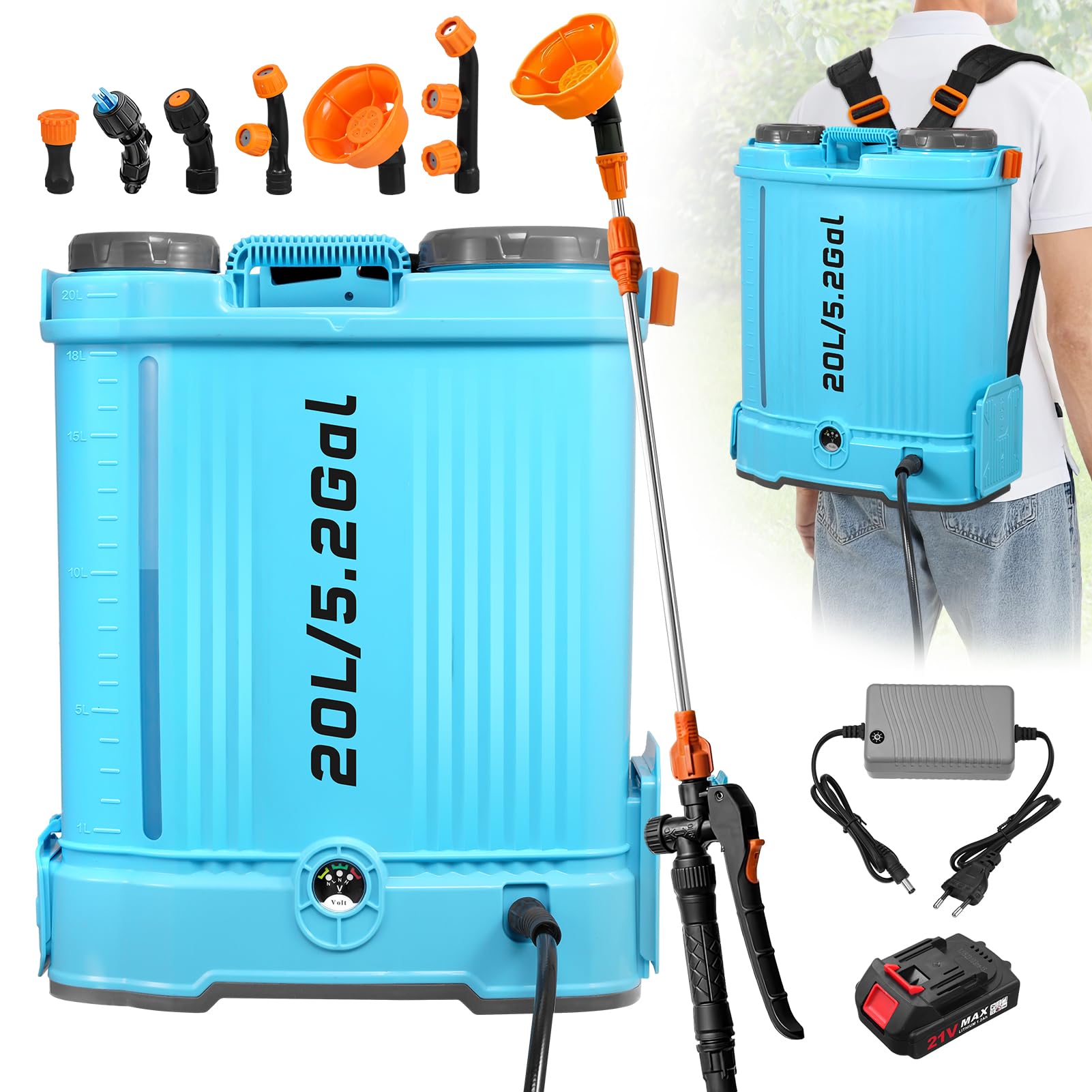 Akku Drucksprüher 20L, Rückenspritze Akku Kompatibel Mit 18V, 5,5 Bar Drucksprüher Mit 6 Nebeldüsen,Ladegerät, Teleskopstab, Schultergurt, Akku Für Gartenbau, Landwirtschaft Und Unkrautbekämpfung