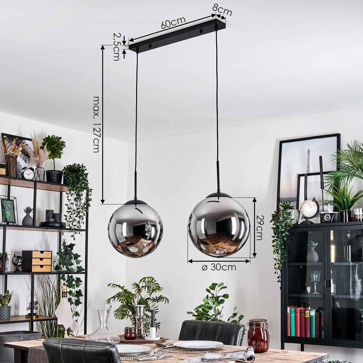 HOFSTEIN Hängeleuchte Gastor, 2-flammige Hängelampe aus Metall/Glas in Schwarz/Chorm/Rauch, Retro/Vintage-Design (Ø 30cm), E27, Pendelleuchte höhenverstellbar max. 127cm, Esszimmer, Wohnzimmer, Küche
