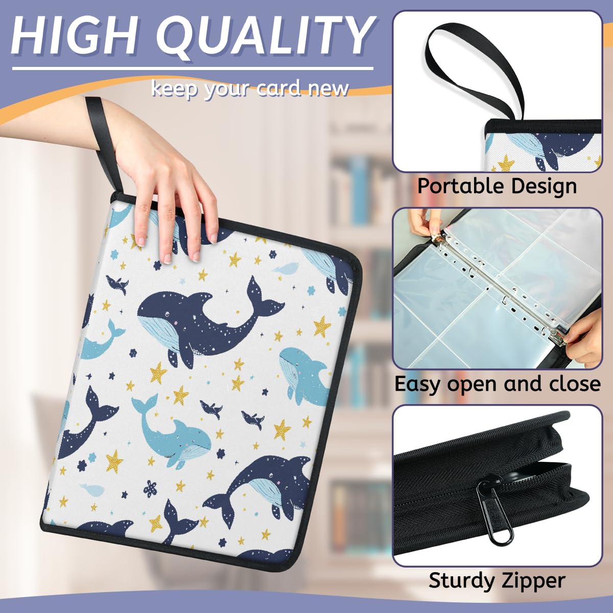 Raccoglitore per carte collezionabili con 4 tasche, 400 tasche, custodia per carte fronte/retro con maniche rimovibili, simpatico cartone animato, delfino, balena, oceano, creature, set di protezioni