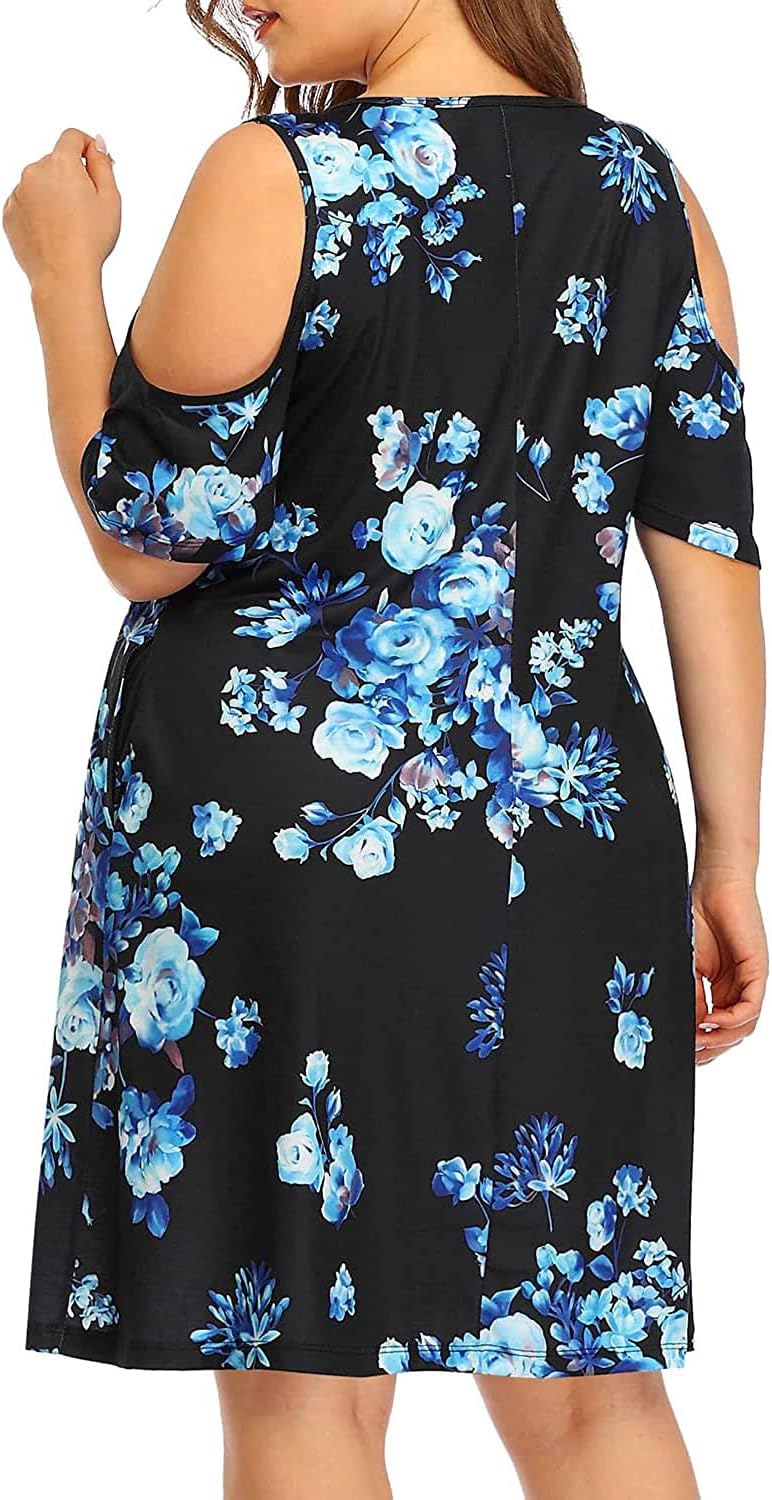 Women's Plus Size Sun Dress Cold Shoulder Casual T-Shirt Knee Length Sundresses with Pockets - Image 4