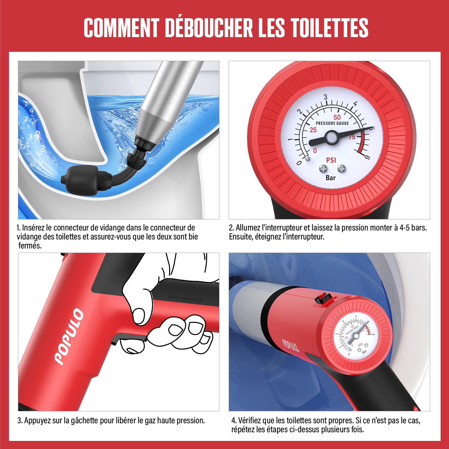 POPULO Déboucheur électrique à Ventouse haute pression pour Toilettes WC Bain Lavabo Douche