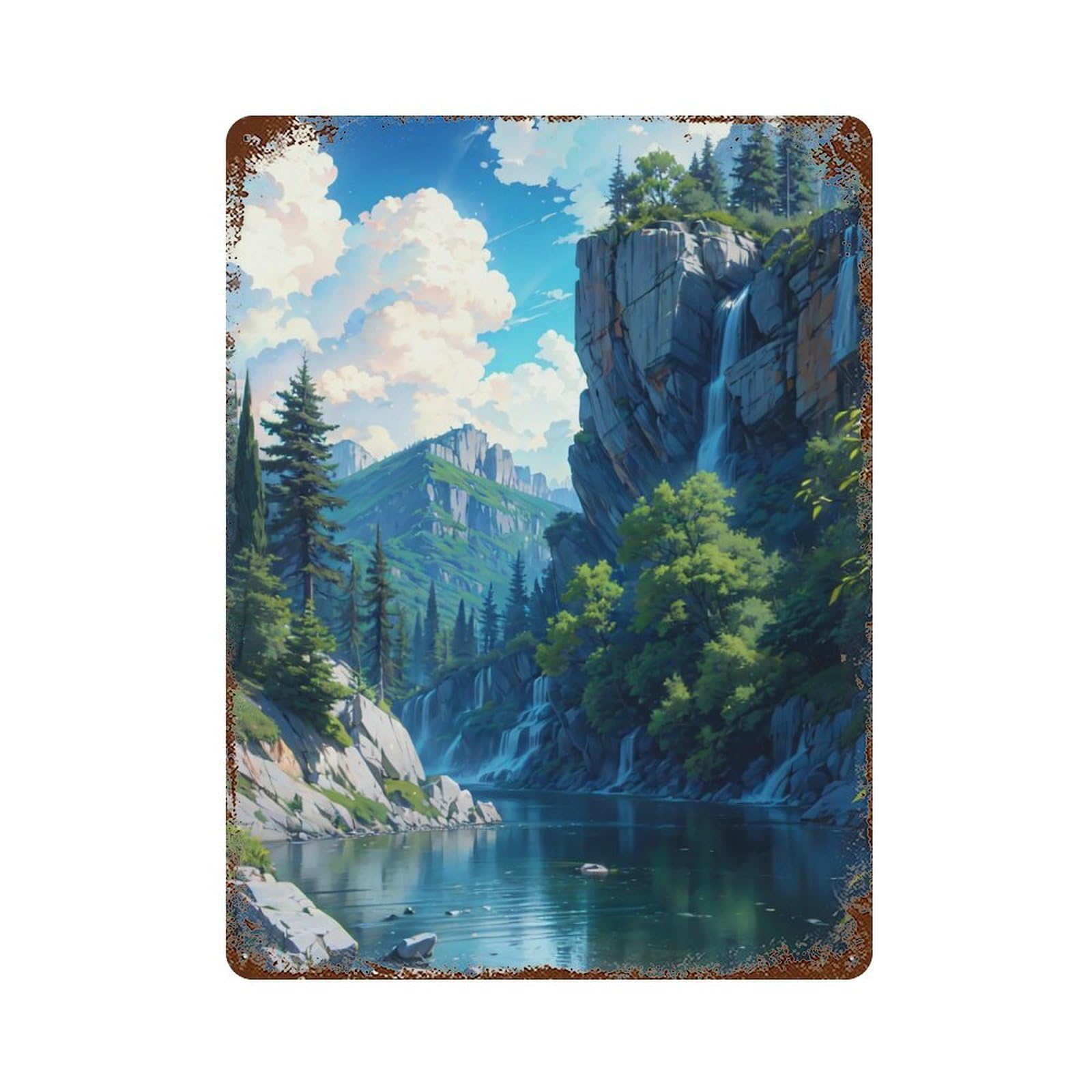River Mountain Nature Aged Metal Wall Plaque 15.7"x11.8", for Shed, Workshop And Garage Wall Decor, Old School Wall Decor