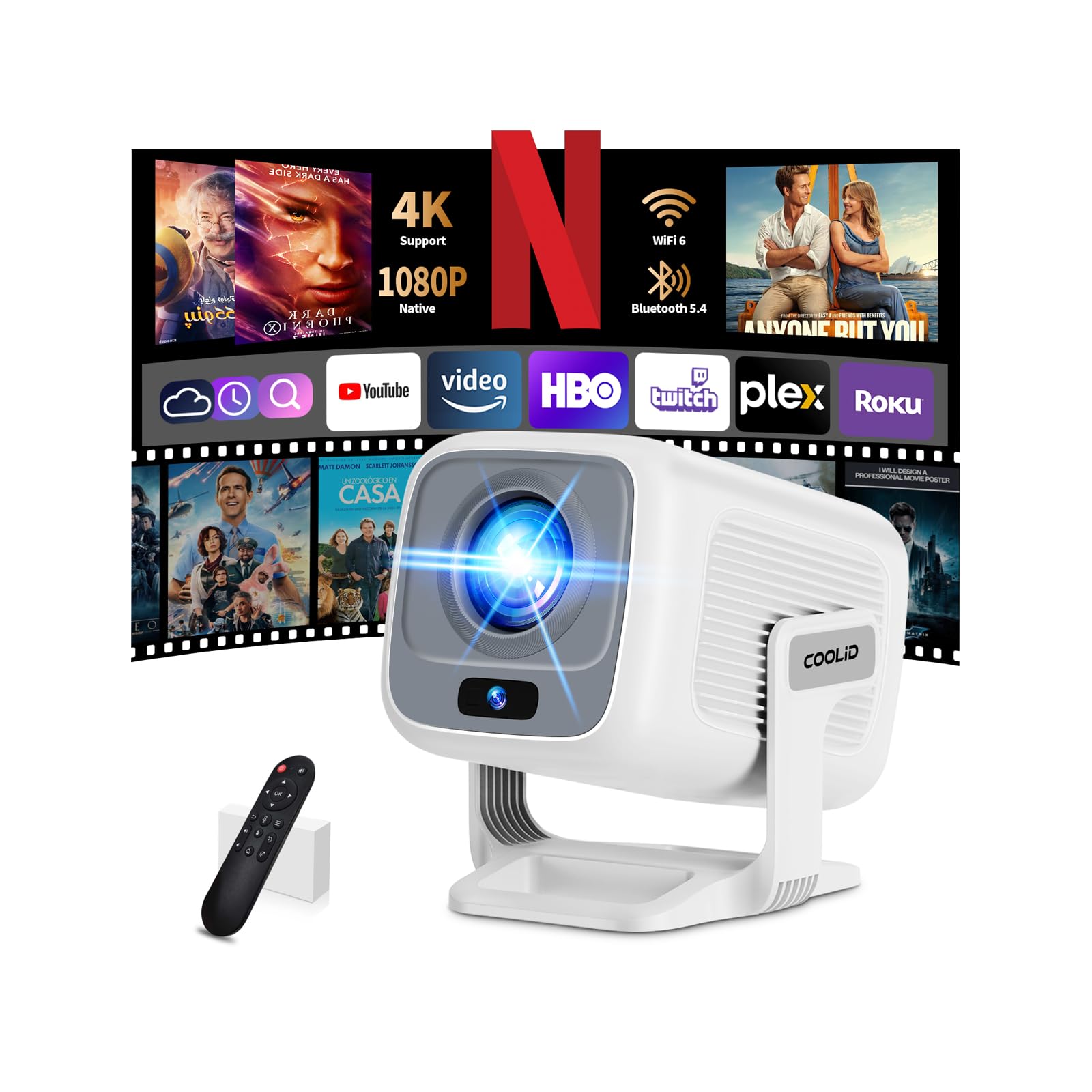 [Auto Focus & App Built-In] Mini Projector 4K 1080P Native 2026 Upgraded Portable Projector with WiFi 6 and BT 5.4 Automatic Trapezoidal Correction Suitable for TV Stick/USB/PC/Laptop/HDMI, White