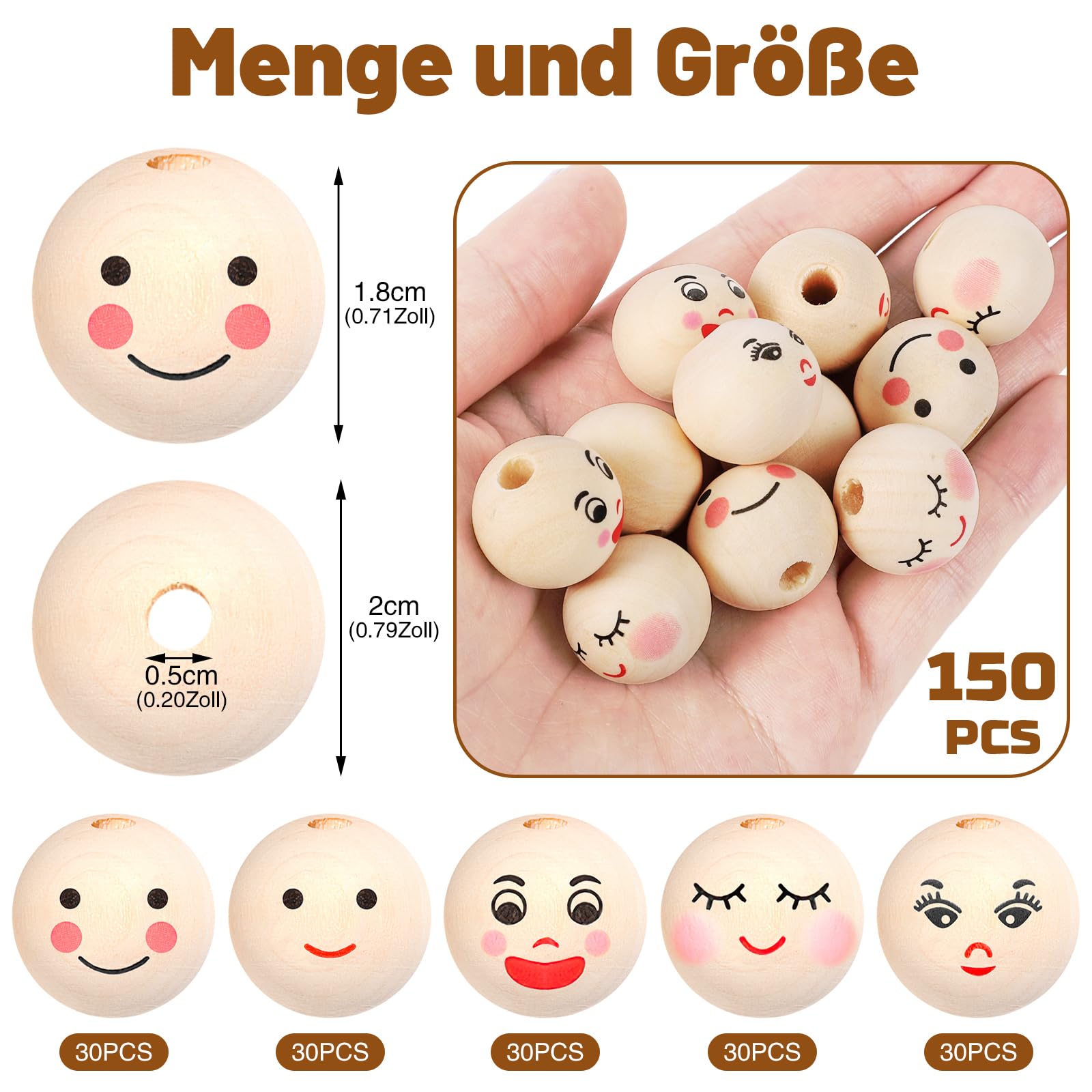 GEBETTER 40 Cuentas De Madera De Cara Sonriente Con Cara Sonriente De 0.787 In, Cuentas Redondas De Madera Creativas, Bolas De Madera Natural Para Manualidades, Cuentas De Madera Natural Para Niños