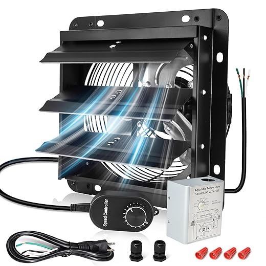 Criditpid 7 Inch Shutter Exhaust Fan with Speed Controller, 576 CFM High Speed Vent Fan with Adjustable Thermostat, 1700 RPM Wall Mounted Kitchen Exhaust Fan for Attic, Garage, Gable Ventilation.