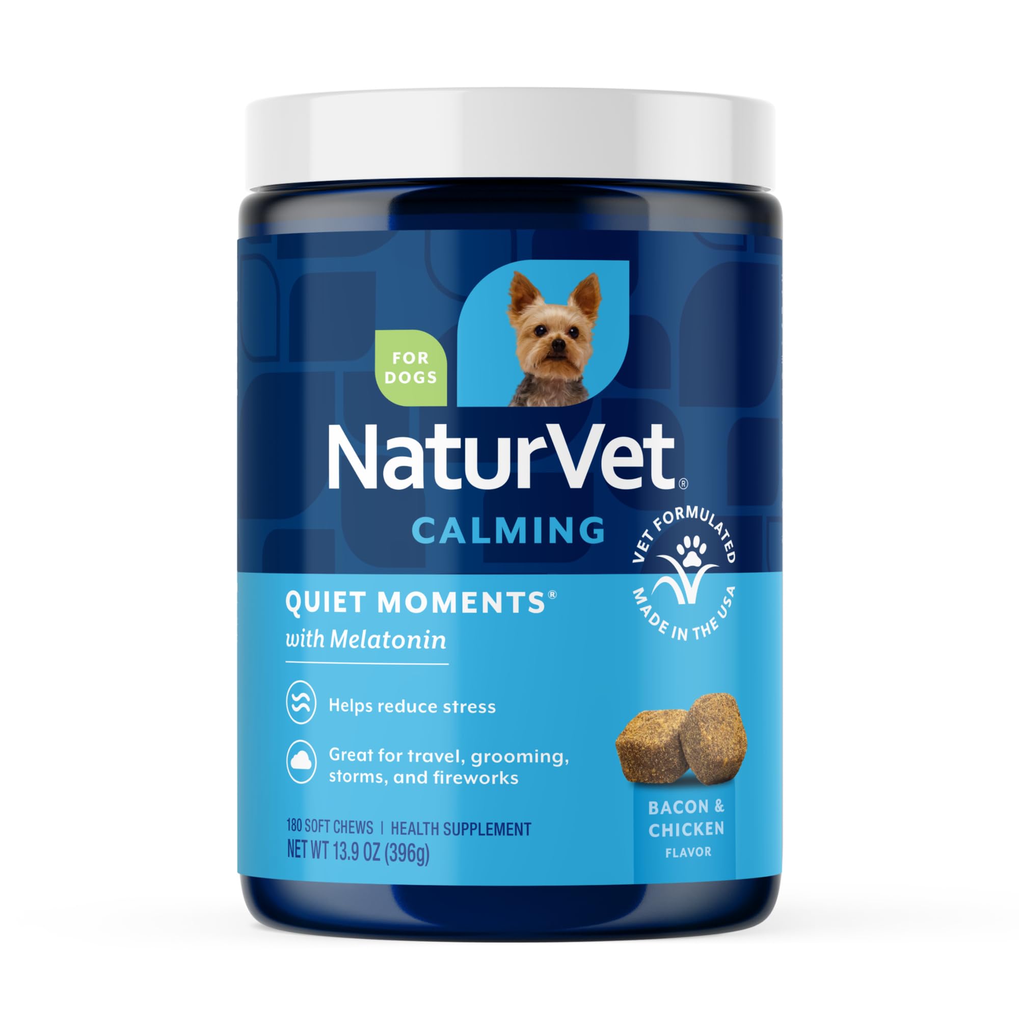 NaturVet Quiet Moments Calming Dog Supplement, Dog Soft Chews with Melatonin to Help Reduce Stress from Storms, the Vet, Fireworks, and Travel, Bacon and Chicken Flavored Pet Supplement, 180 Count Jar