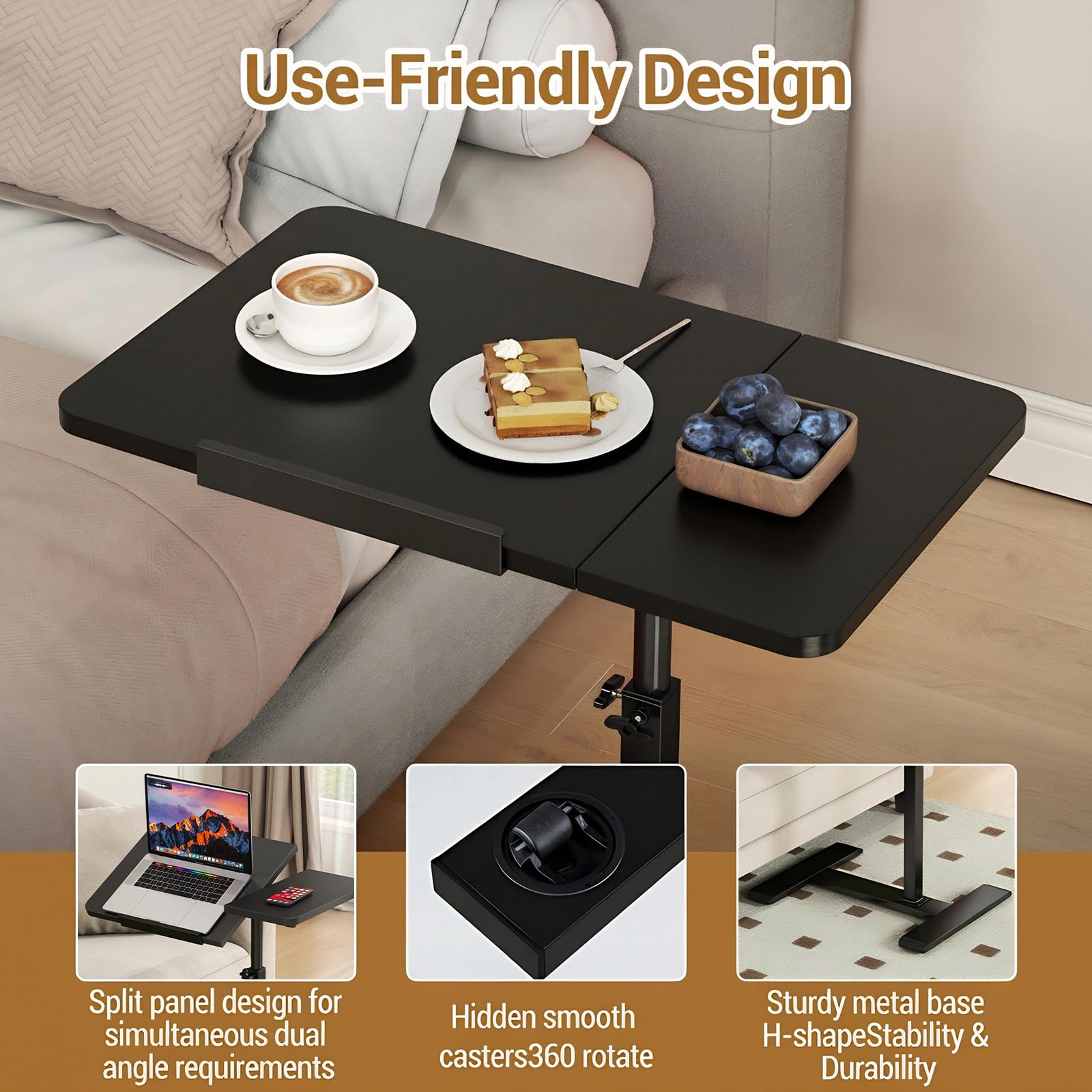 GarveeHome Overbed Bedside Table Adjustable with Wheels, Mobile Standing Stand Up Rolling Laptop PC Desks with Tilting Top Height Tray Side Computer Workstation for Bedroom on Hospital Home Use Black