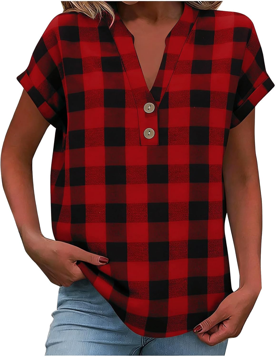 Womens Summer Tops Plaid Button V Neck Short Sleeve T Shirts Casual Beach Vacation Shirt Fashion Loose Fit Blouses