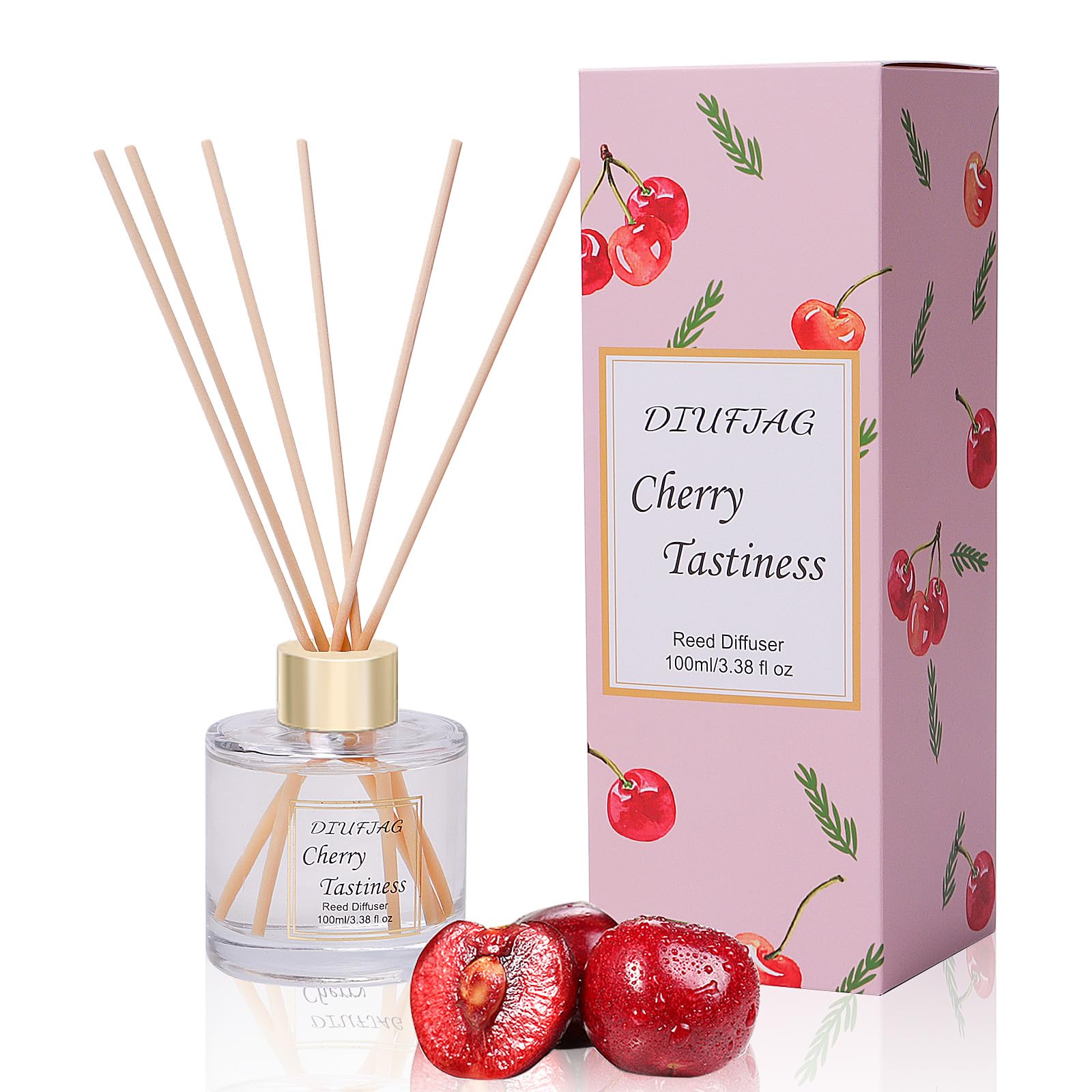 DIUFJAG 100ml Scent Diffuser with 6 Fiber Sticks, 3.5 oz Reed Diffuser Set Aromatherapy Fragrance Diffusers Air Fresheners for Home Bedroom Bathroom (Cherry)