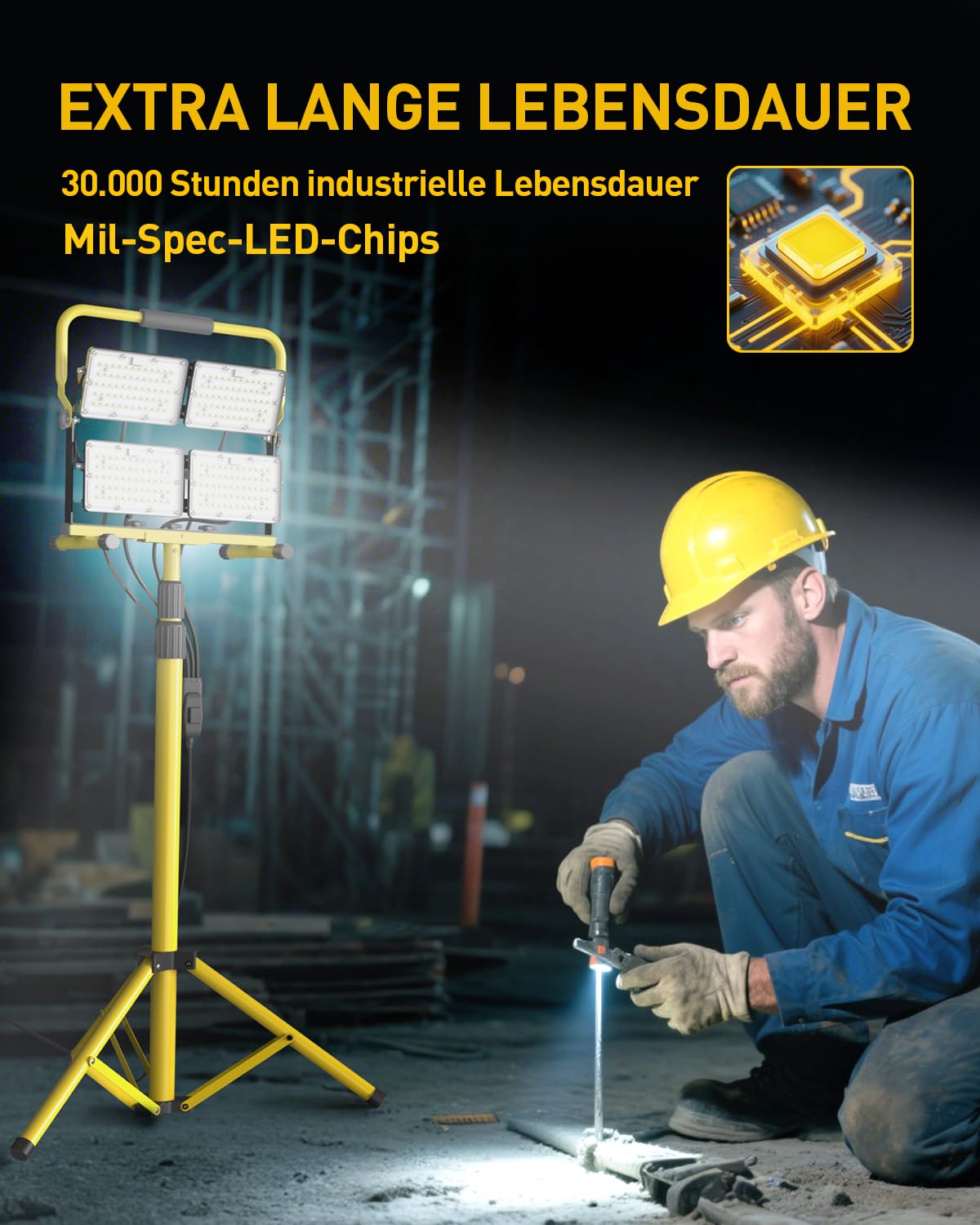 26000LM LED-Arbeitsleuchte mit Ständer, tragbare Arbeitsleuchte mit 4 Köpfen und 5,0 m langem Kabel – IP66 wasserdichte Flutlichtleuchte für Werkstatt, Garage, Baustelle und Außenbeleuchtung