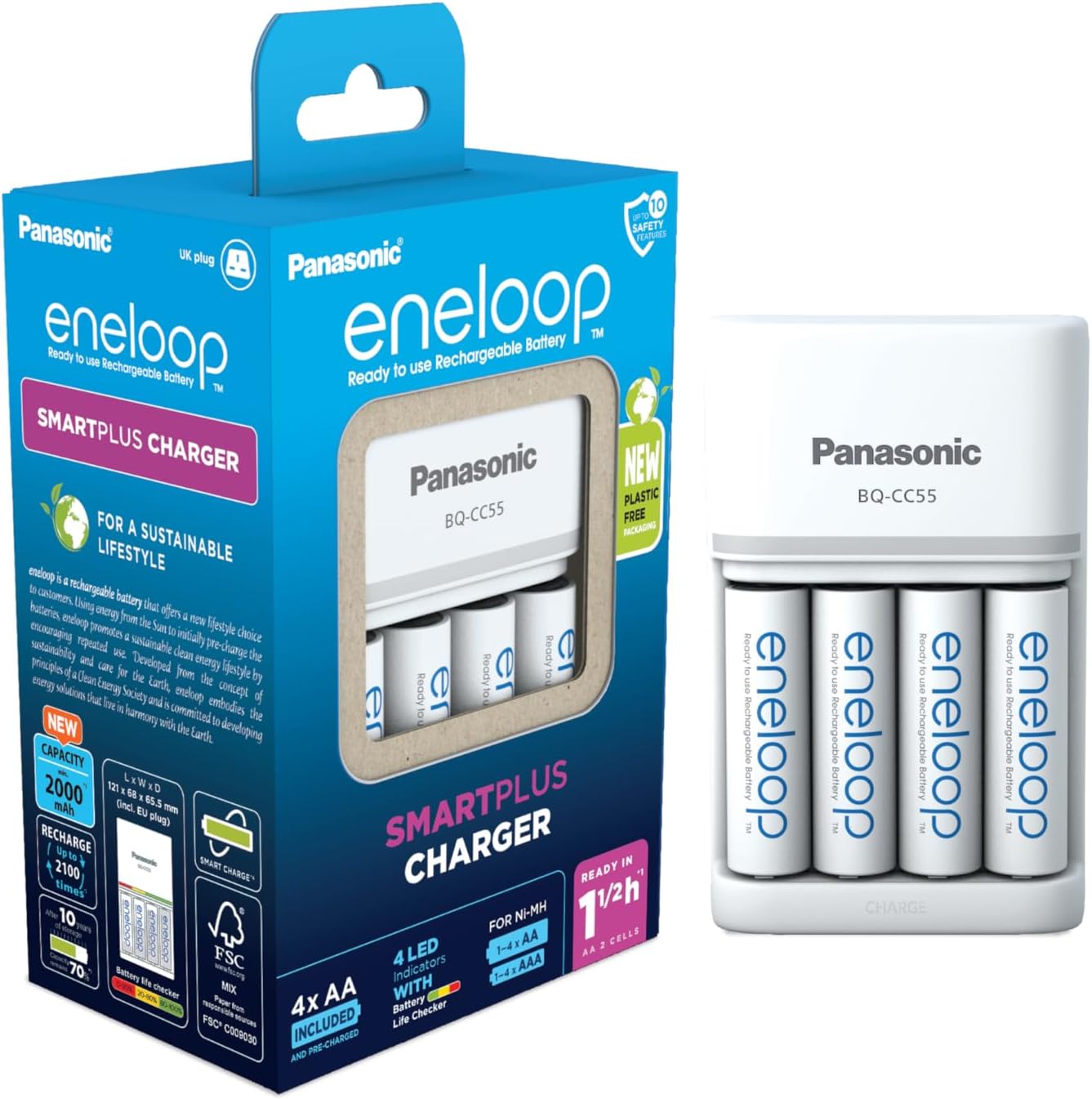 eneloop SmartPlus Charger, for 14 AA/AAA Rechargeable Batteries, 1.5h