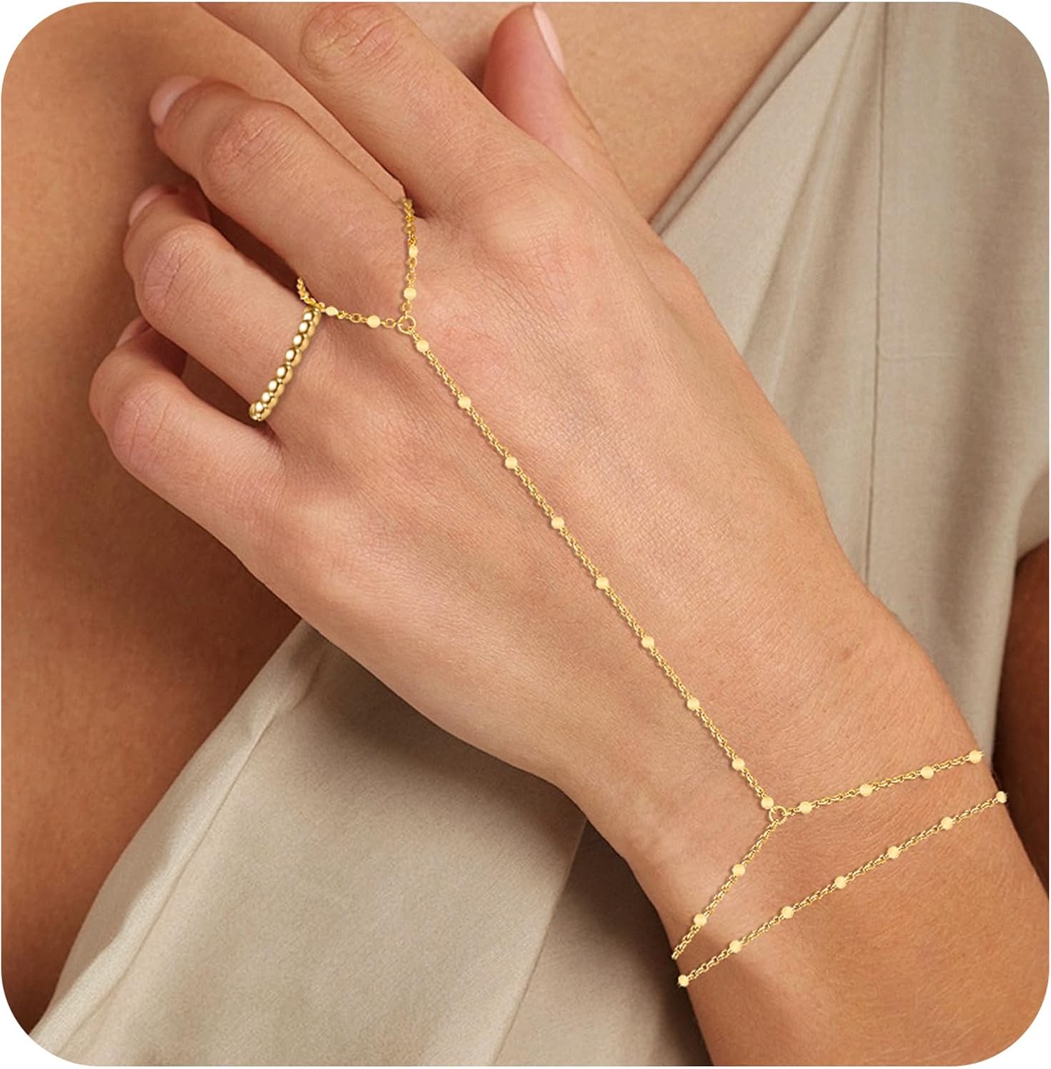 Gold Hand Chain Bracelet for Women-3PCS 14K Gold Plated Trendy Dainty Adjustable Stackable Tennis Link Ring Bracelet Hand Chain, Elastic Beaded Rings Non Tarnish Jewelry Gift for Women - Image 2