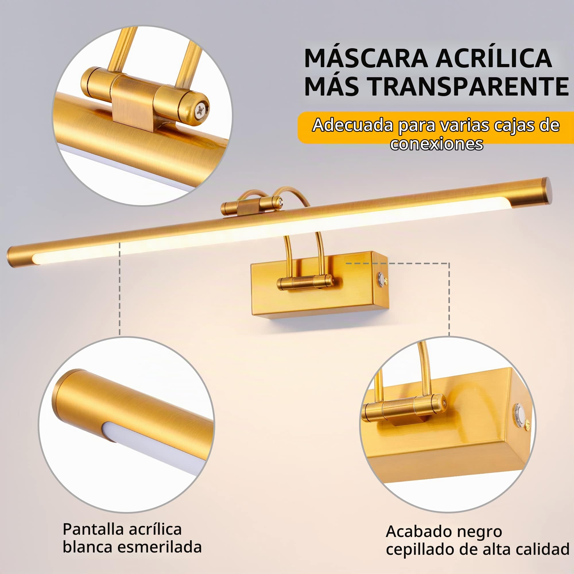 Espejo Baño LED 60cm 3 Temperaturas de Color Regulable y Brillo | 12W Latón Luz de Pared Arco con Cabeza Giratoria, Regulable Sin Escala, Antivaho, Espejo Iluminado para Baño y Tocador