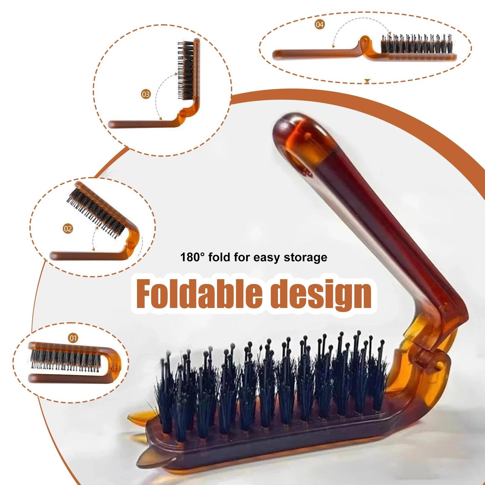 Mini Boar Bristle Brush, 2-Pack Travel Compact Collapsible for Hair Shine Smoothing Detangling, Amber - Image 3