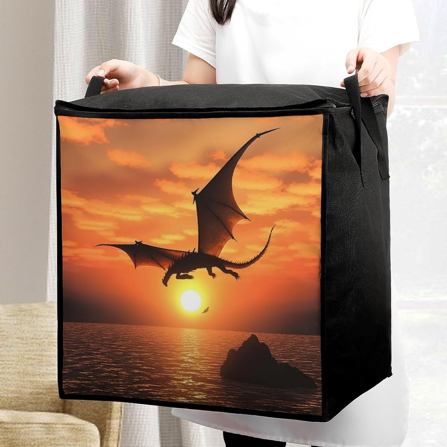 Quilt Storage Bag,Sea Sunset Flying Dragon Printed Large Foldable Storage Container Portable Travel Storage Bag for Blankets, Quilts, Clothes, Comforter, Bedding And Pillows