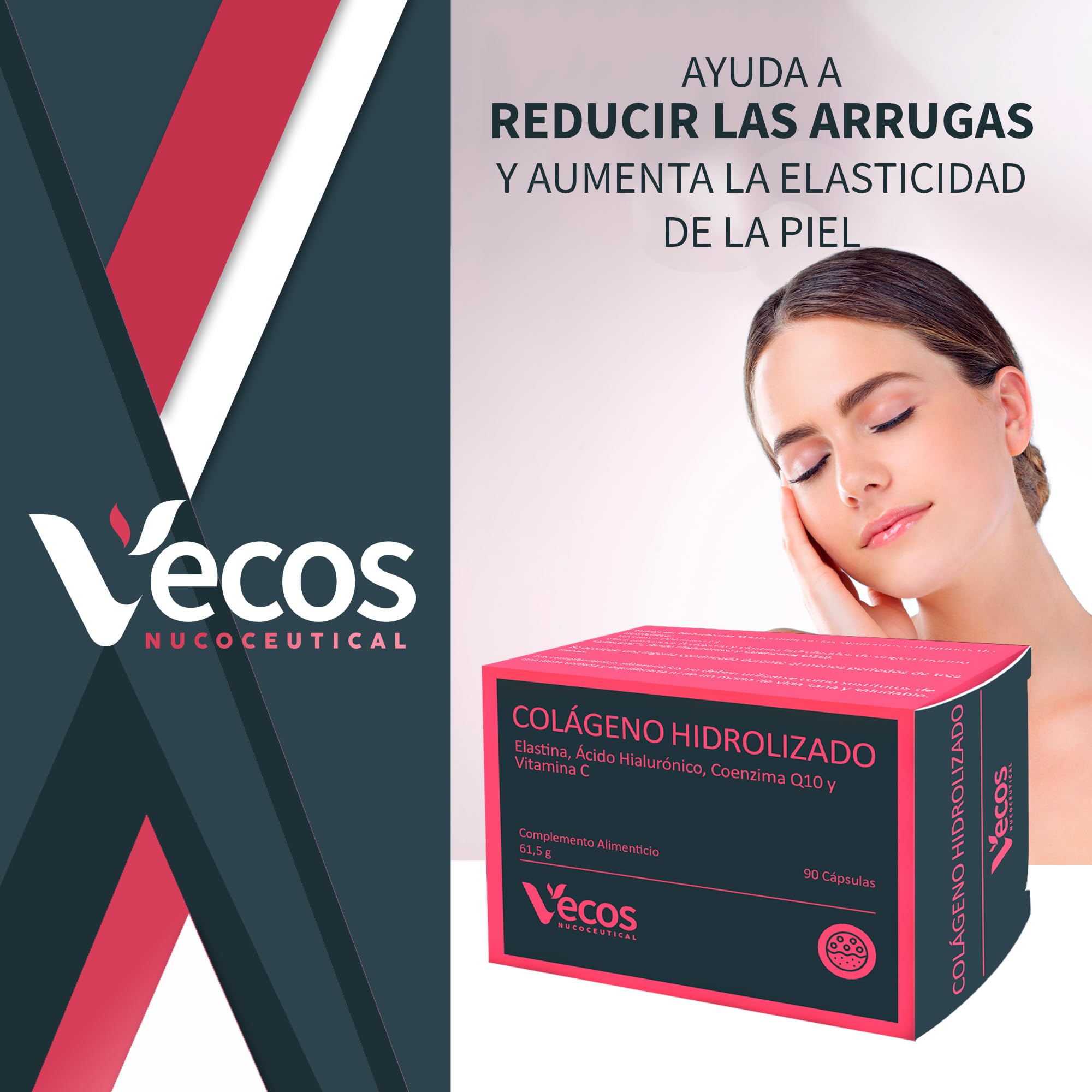 Colágeno Hidrolizado para la Buena Salud e Hidratación de la Piel | Elastina, Ácido Hialurónico, Coenzima Q10 y Vitamina C para Mejorar la Elasticidad de la Piel | 90 Cápsulas Vegetales