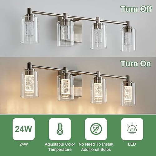 Miniatura 5 de 4 luces de tocador de baño, níquel cepillado, moderna iluminación de pared de baño con pantalla de vidrio transparente, lámpara de pared de cristal,