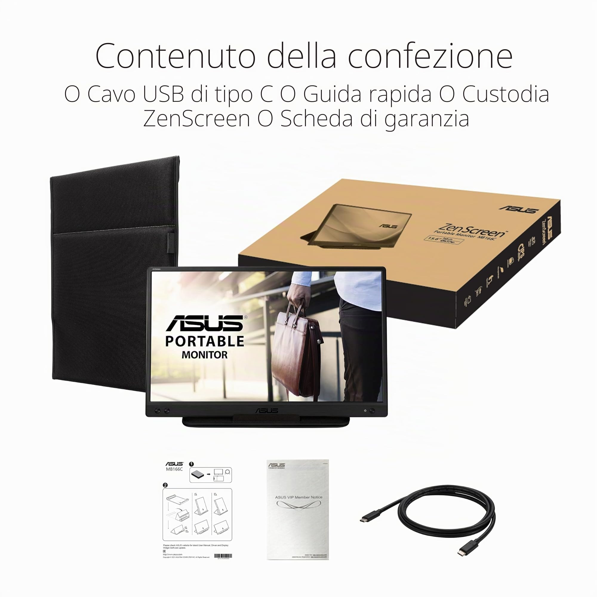 ASUS ZenScreen MB166C, Monitor Portatile ed Ergonomico da 15,6” FHD IPS (1920x1080), USB-C in Modalità DP Alt, Anti-sfarfallio, Filtro Luce Blu, Anti-riflesso, Software DisplayWidget, Nero | 1920 x 1080, IPS, USB di tipo C, 60 Hz, anti-sfarfallio, filtro