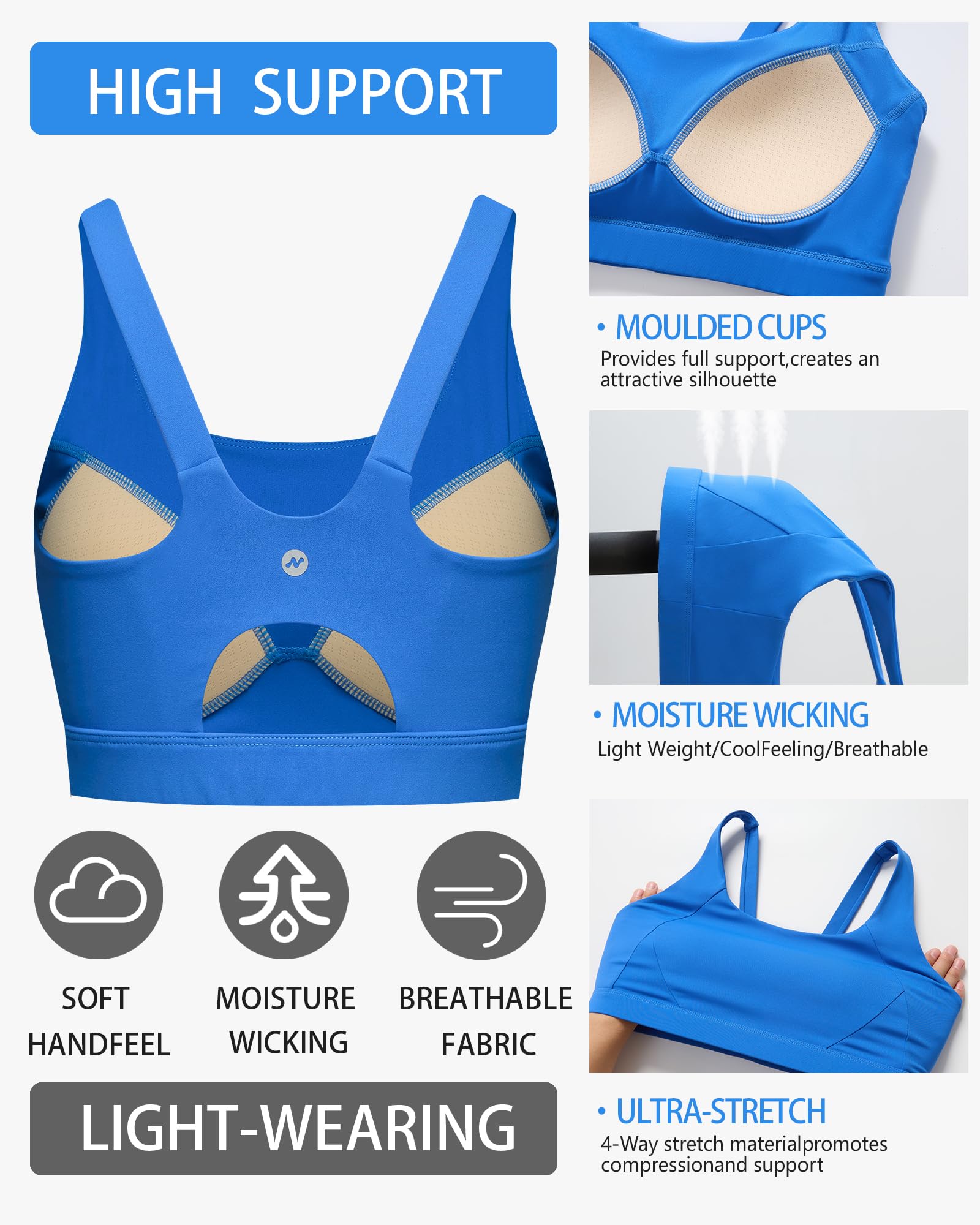 Reggiseni sportivi ad alto impatto per le donne, reggiseni sportivi con coppe modellate a vogatore e cuscinetti cuciti