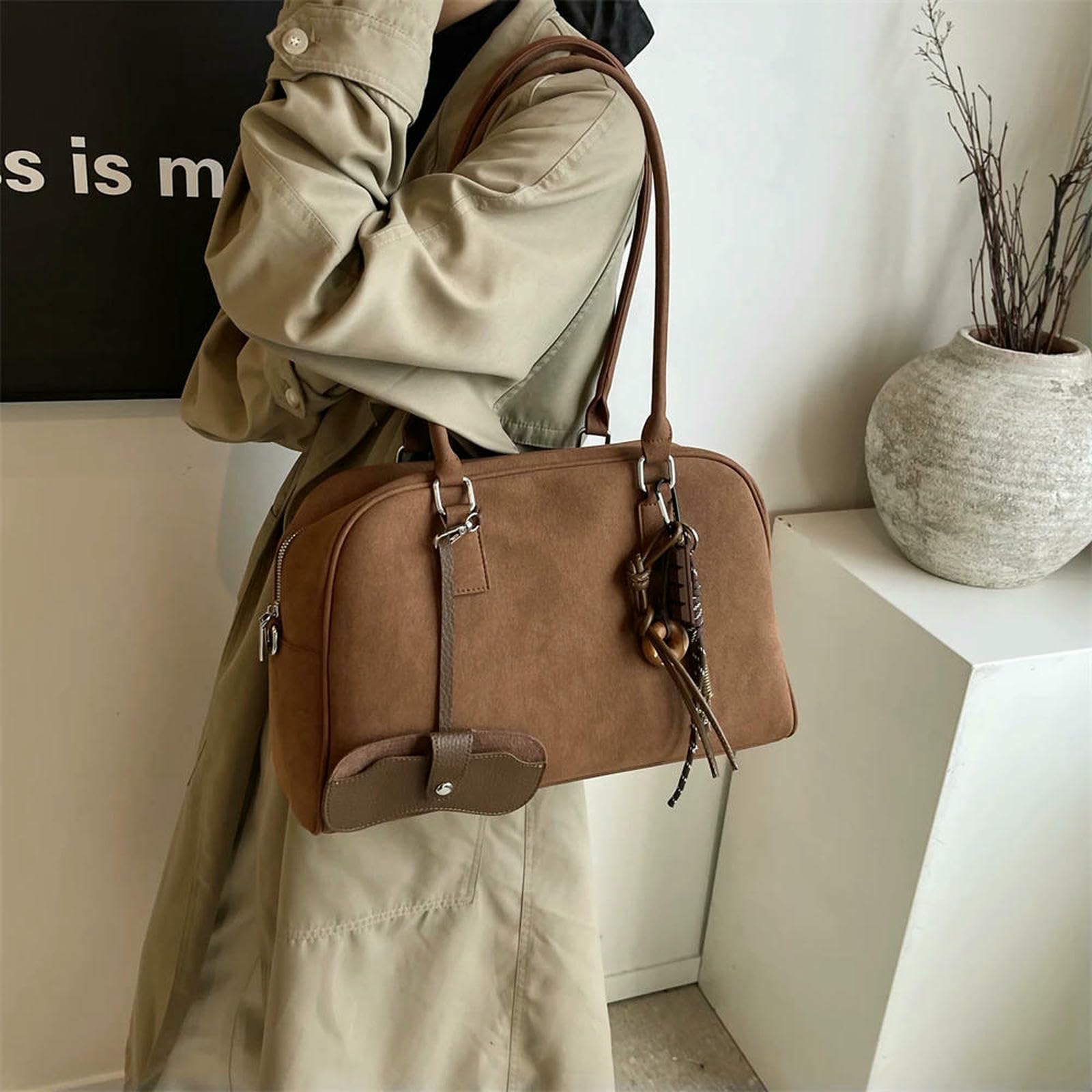 Handtasche Frauen Große Wildleder Bowling Umhängetasche Kapazität Crossbody Mit Langem Riemen-kaffee-40x25x13cm