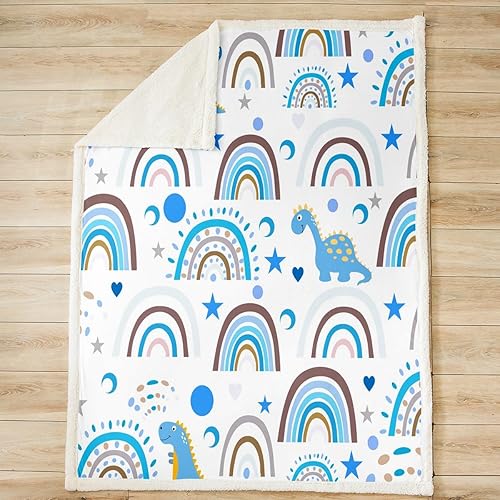Miniatura 2 de Manfei Manta de dibujos animados de arco iris, bonita manta de dinosaurio para sofá, sol, luna azul, estrellas, manta de cama para niños y niñas,