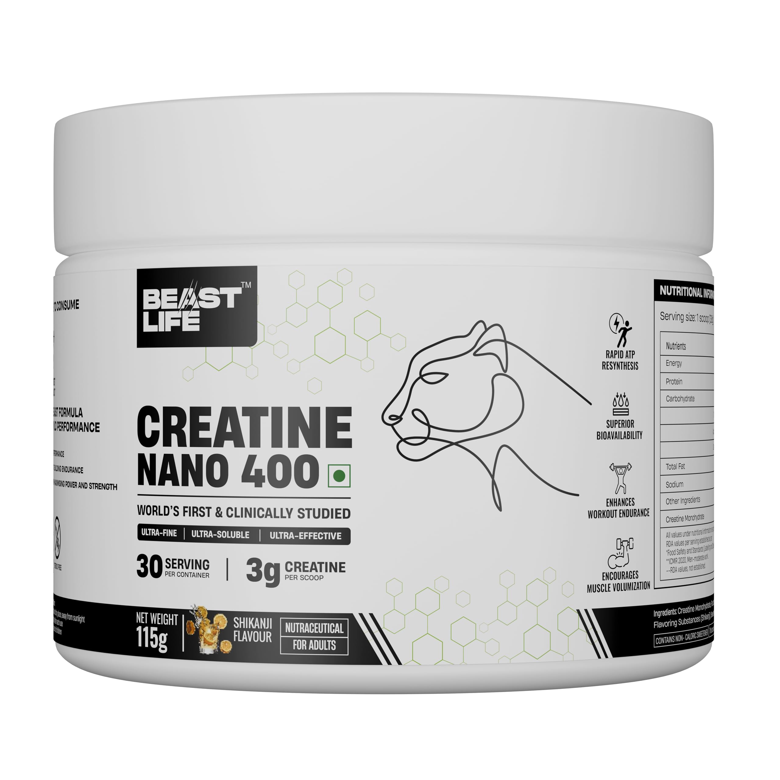 BeastLife Creatine Nano 400 | Shikanji | 115 Gm | 30 Serving | World’s First Finest & Clinically Studied Creatine | Ultra Fine, Ultra Soluble, Ultra Effective | Zero Sugar | NABL Lab Tested | Premium Sports Nutrition for Strength & Performance-image-49