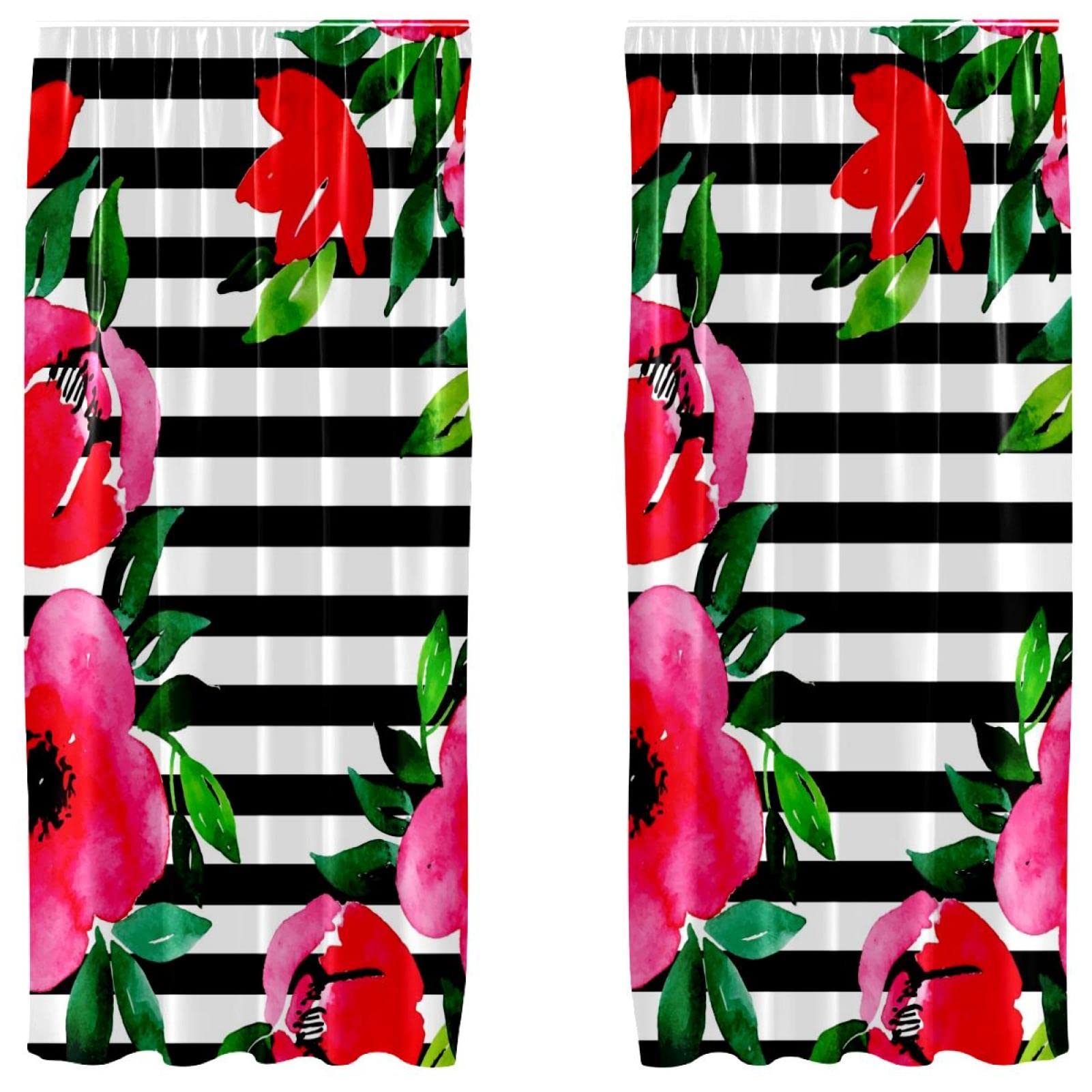Cortinas de salón con estampado de rayas florales y flores en pack de 2 unidades de 55x84 pulgadas