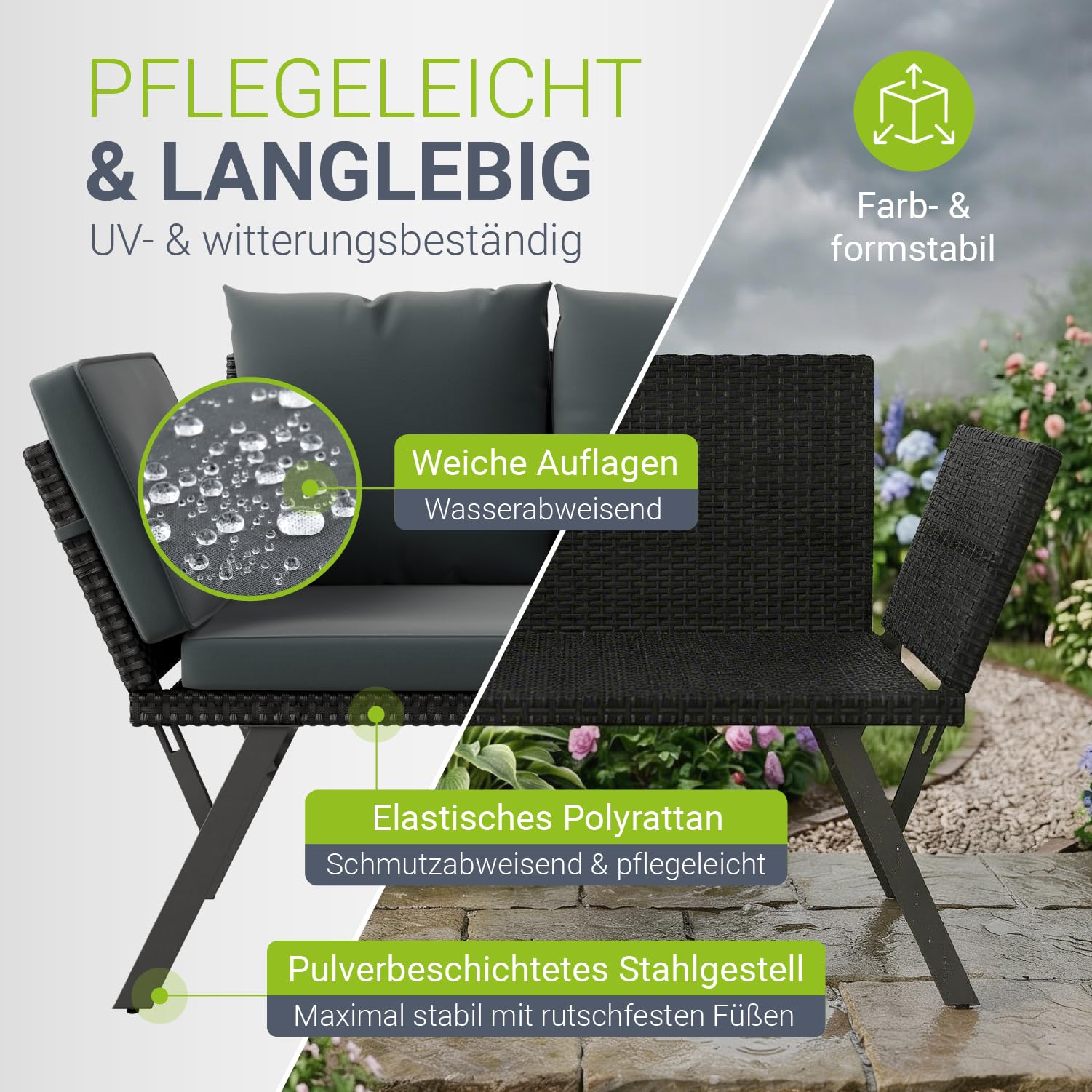 Juskys Gartenbank Calvia bis zu 3 Personen | Sitzen oder liegen im Freien | klappbare Polyrattan Multifunktionsbank & Sonnenliege | Gartensofa Outdoor wetterfest | bis 240 kg für Balkon und Terrasse