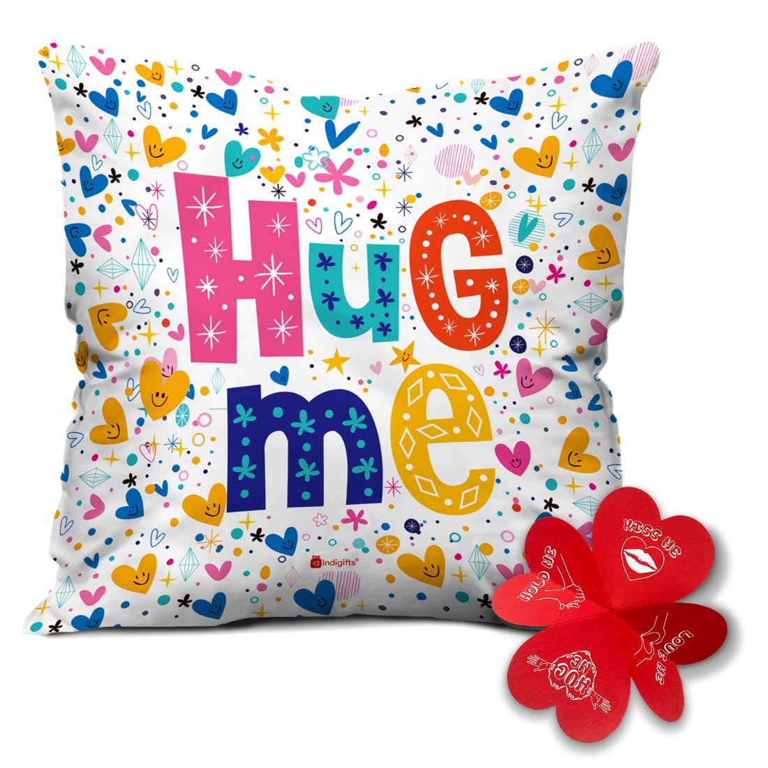 Indigifts Printed Cushion Cover with Filler | Hug Me | Polysatin | 12x12 Inches | Comfortable White Cushions | Romantic Soft Decorative Pillows Cushions | Unique Quirky Gifts