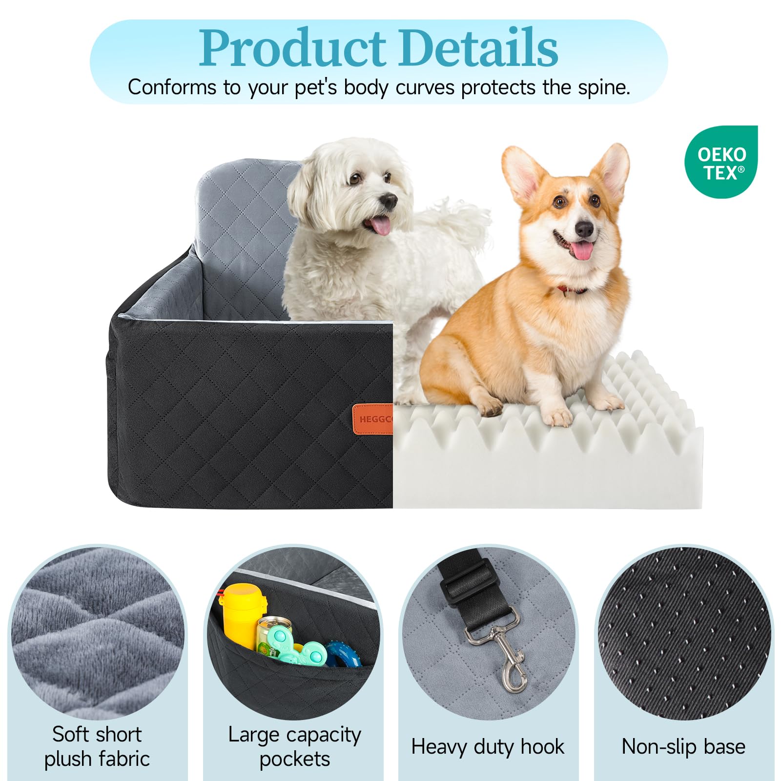 HEGGCOOE - Asiento de coche para perros medianos y grandes, elevador para mascotas <25 kg o 2 perros pequeños, cama de coche extraíble y lavable para asiento trasero