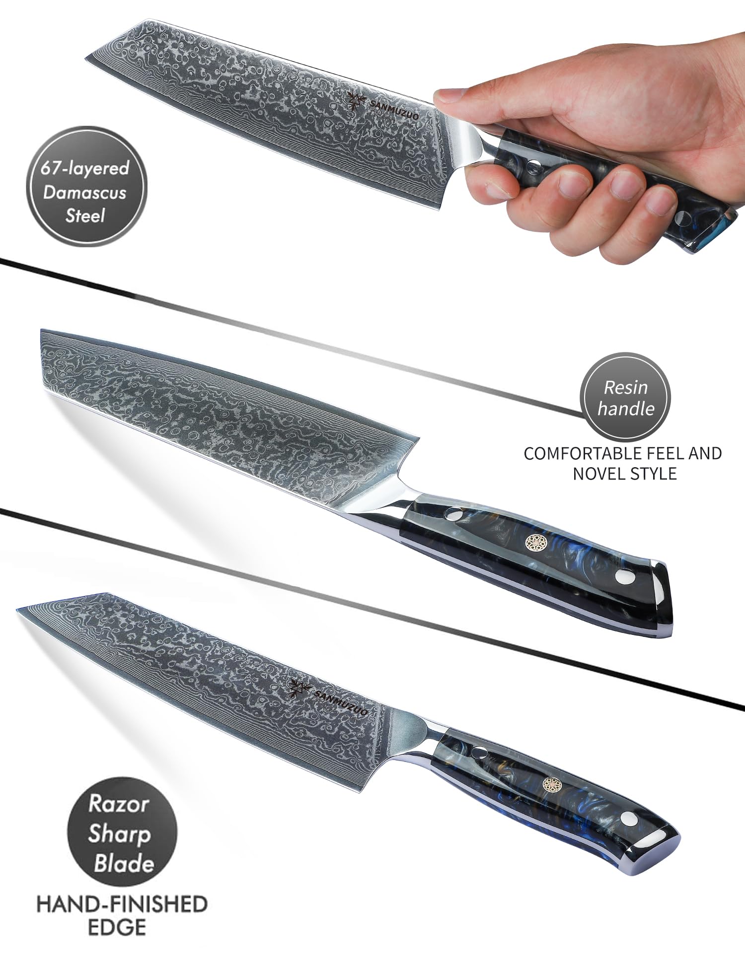 Coltelli Da Cucina Kiritsuke Damasco 22CM, Coltello da chef Professionale - Coltello da Cuoco Acciaio Damasco da 67 Strati- Impugnatura Resina - Xuan Series (Starry Black)