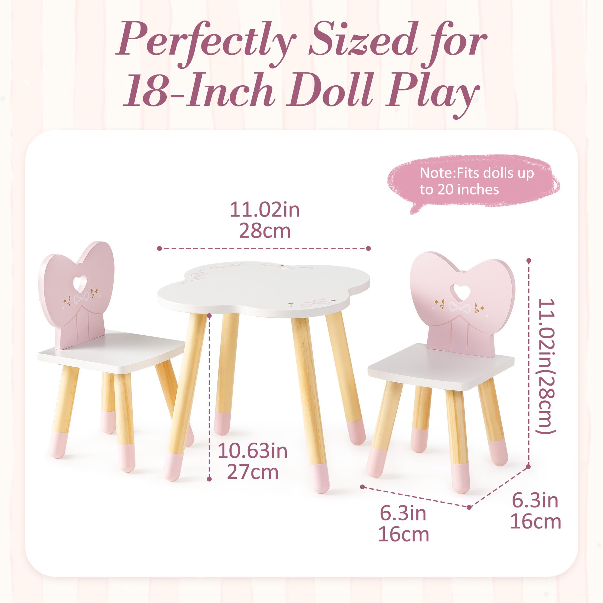 ROBUD Juego de mesa y silla para muñecas de 3 piezas de madera con respaldo de lazo en forma de corazón y mesa de nube, ideal para jugar y muñecas de menos de 45 cm, regalo para niñas a partir de 3
