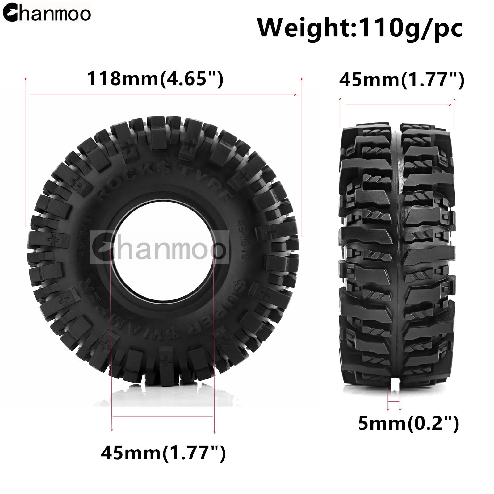 Amazon.co.jp: Chanmoo 1.9 クローラータイヤ 118mm 1/10 RCラバー